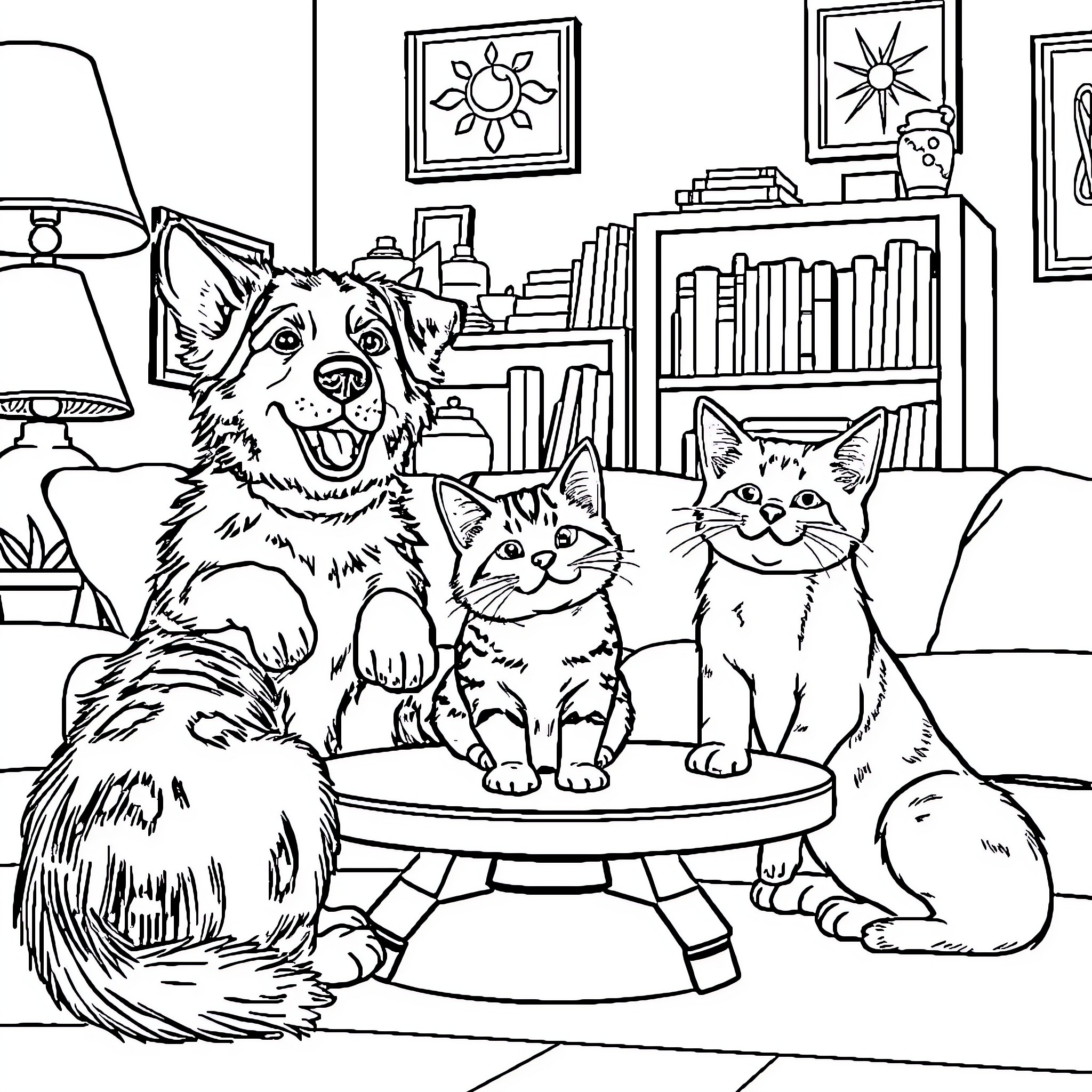 Pets relaxing in a cozy home environment Coloring Page (free black-and-white line drawing printable PDF for all, from beginners to advanced learners, including children, teens, adults, and seniors)