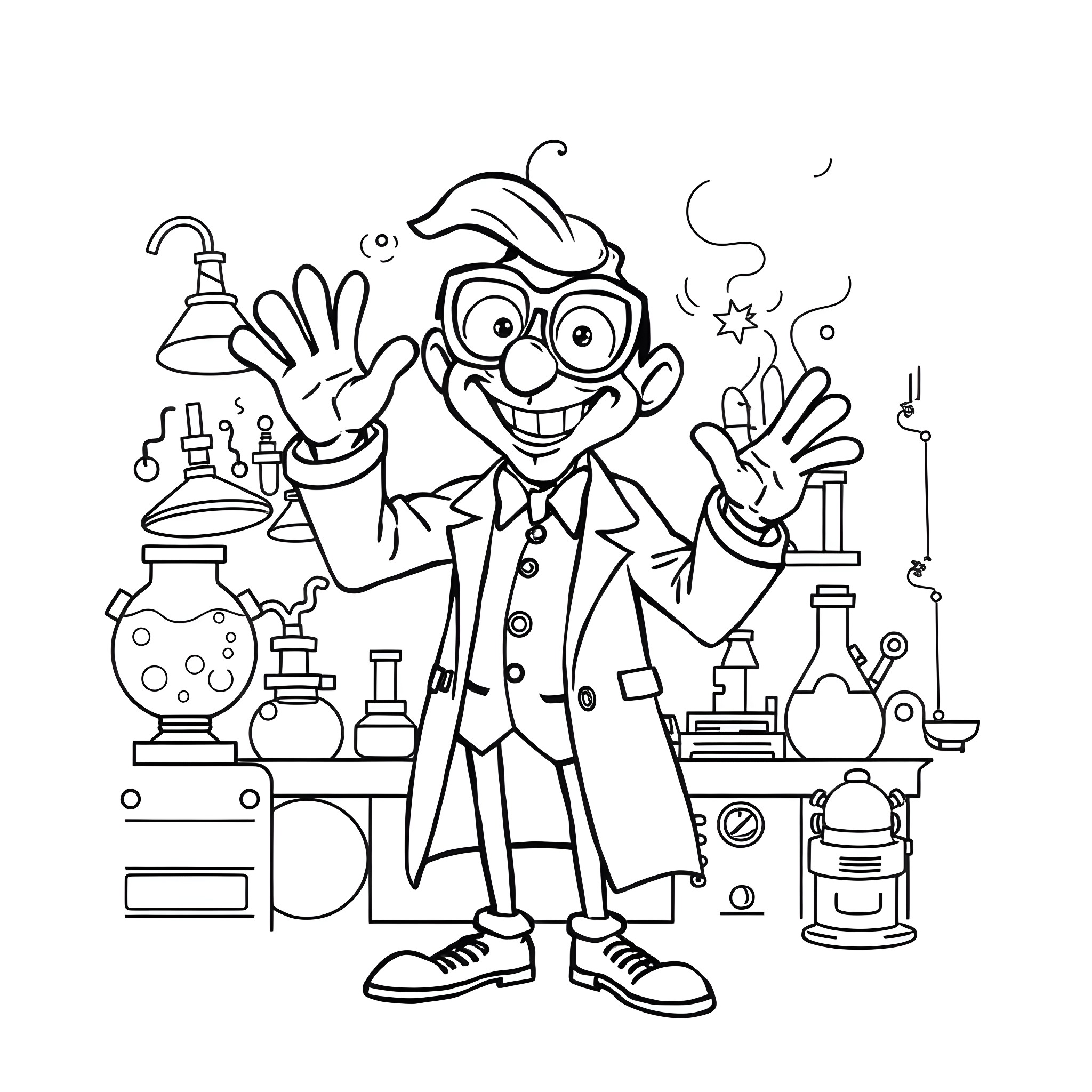 Dr. Flug waving joyfully in a scientific laboratory Coloring Page (free black-and-white line drawing printable PDF for all, from beginners to advanced learners, including children, teens, adults, and seniors)