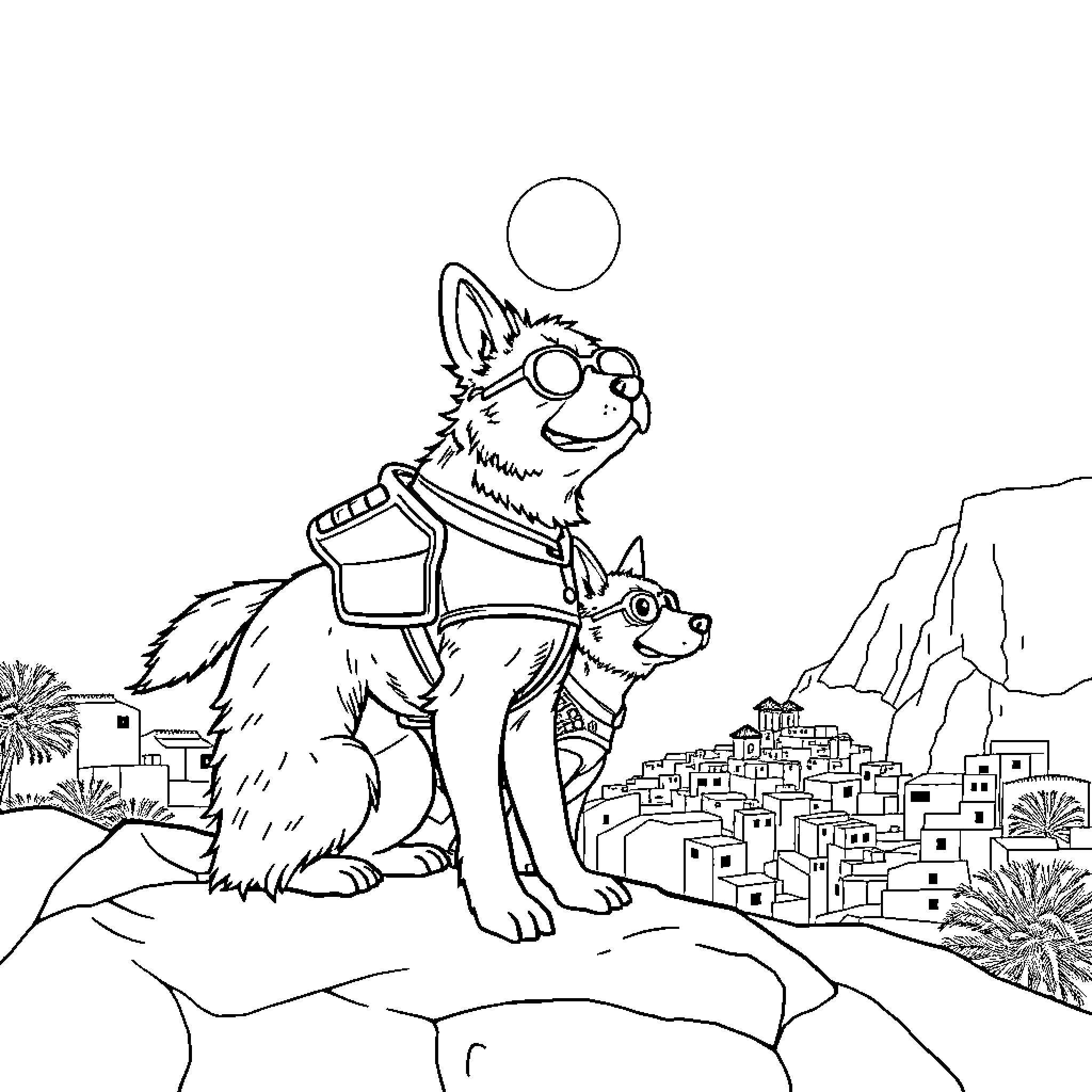 Patrouille of cartoon animals in a scenic mountain village Coloring Page (free black-and-white line drawing printable PDF for all, from beginners to advanced learners, including children, teens, adults, and seniors)