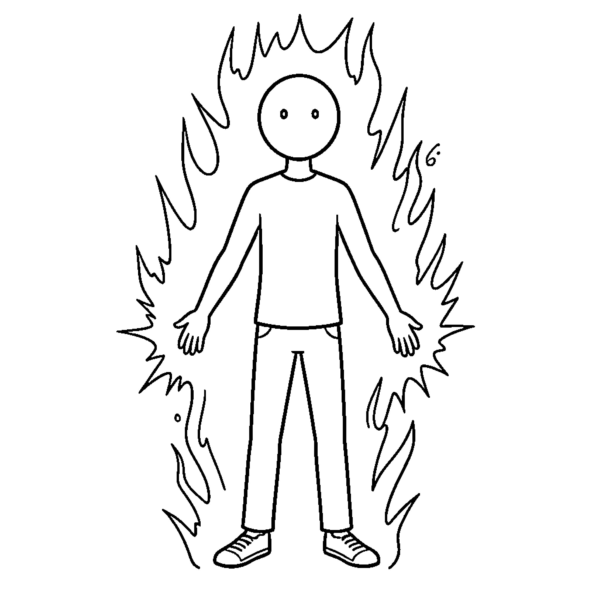 Stick Man Surrounded by Flames Coloring Page (free black-and-white line drawing printable PDF for all, from beginners to advanced learners, including children, teens, adults, and seniors)