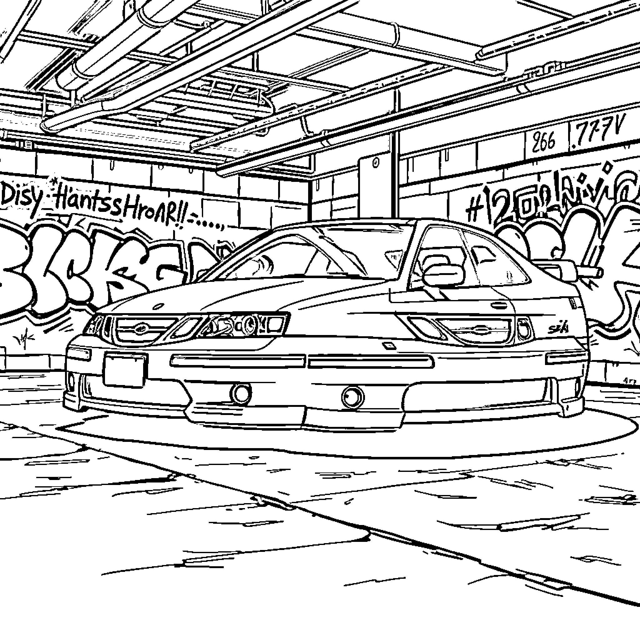 Saab sports car in graffiti-covered garage Coloring Page (free black-and-white line drawing printable PDF for all, from beginners to advanced learners, including children, teens, adults, and seniors)