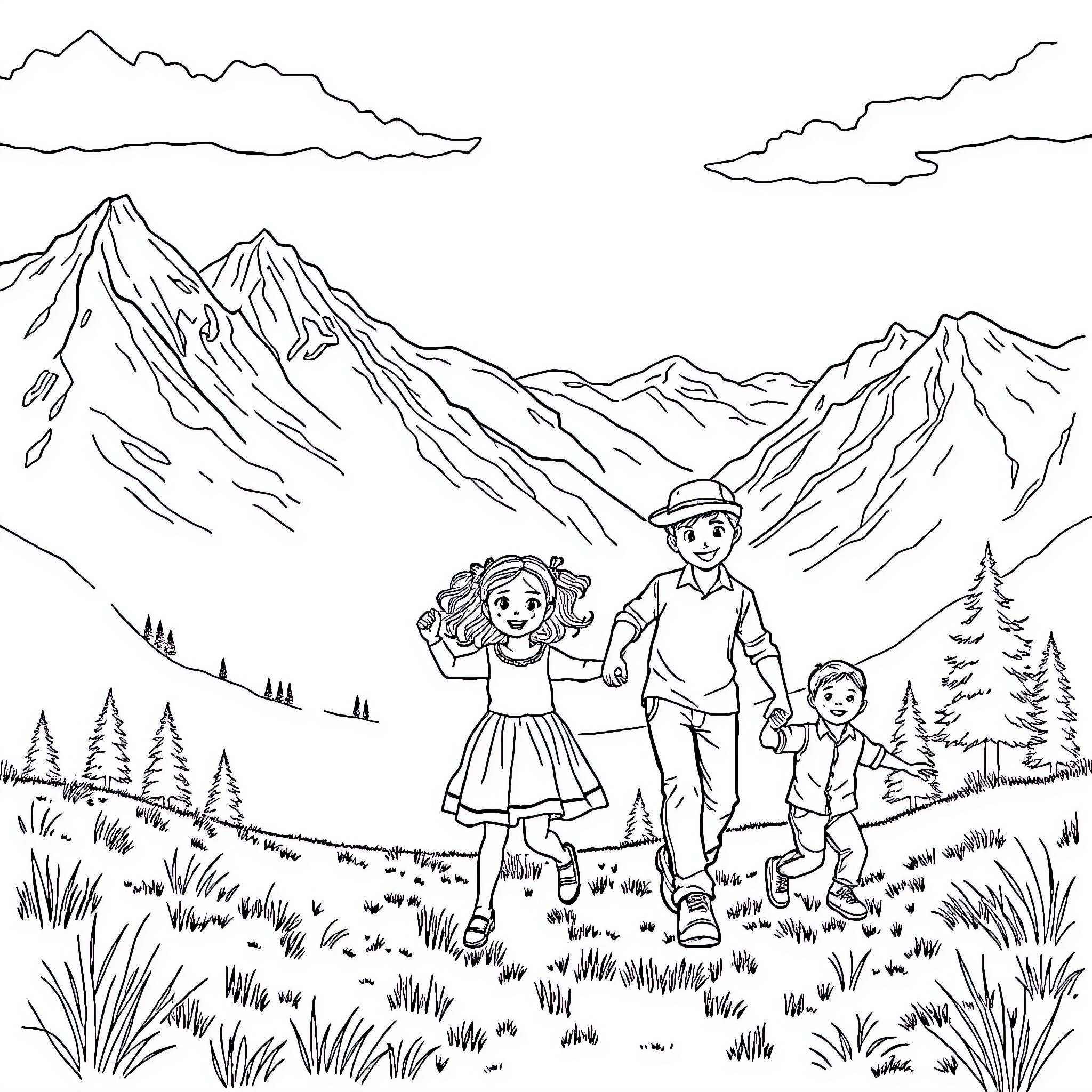 Family enjoying nature in the mountains Coloring Page (free black-and-white line drawing printable PDF for all, from beginners to advanced learners, including children, teens, adults, and seniors)