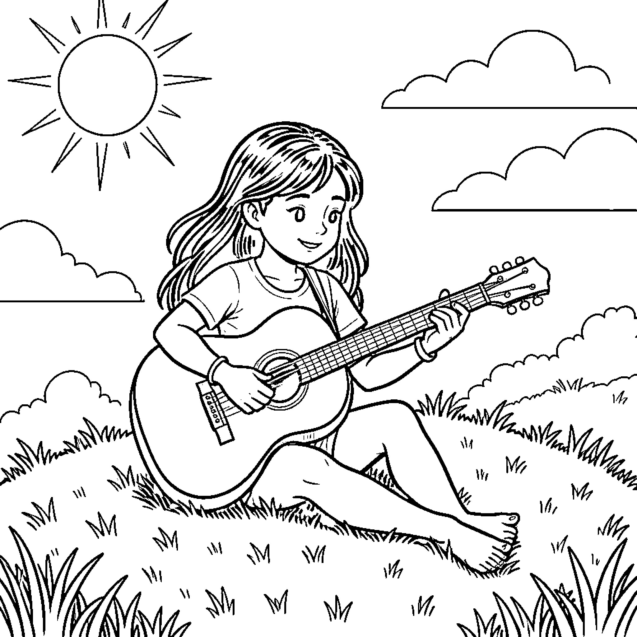Frog playing guitar in the meadow Coloring Page (free black-and-white line drawing printable PDF for all, from beginners to advanced learners, including children, teens, adults, and seniors)