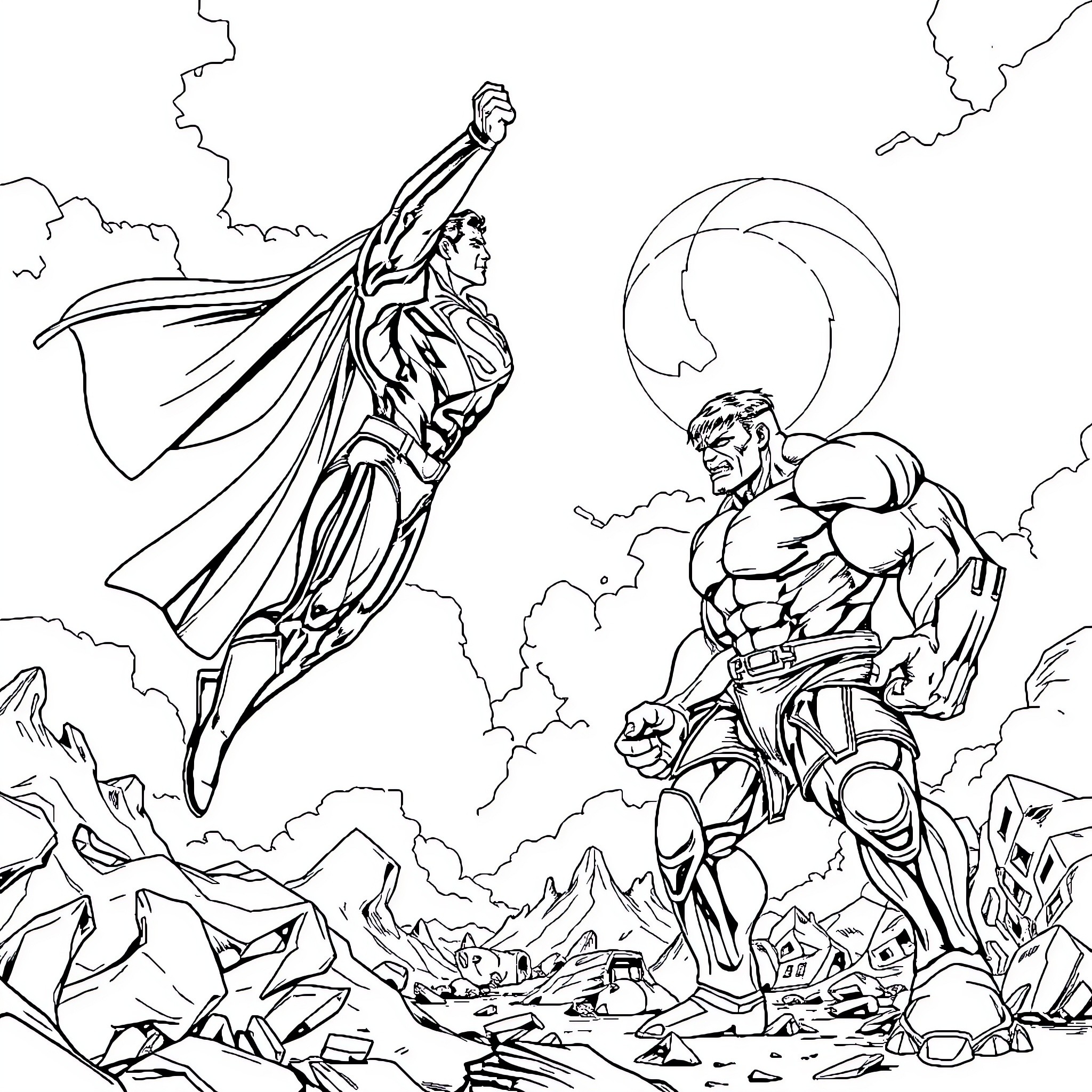 Superman heroically flies above the battle scene Coloring Page (free black-and-white line drawing printable PDF for all, from beginners to advanced learners, including children, teens, adults, and seniors)