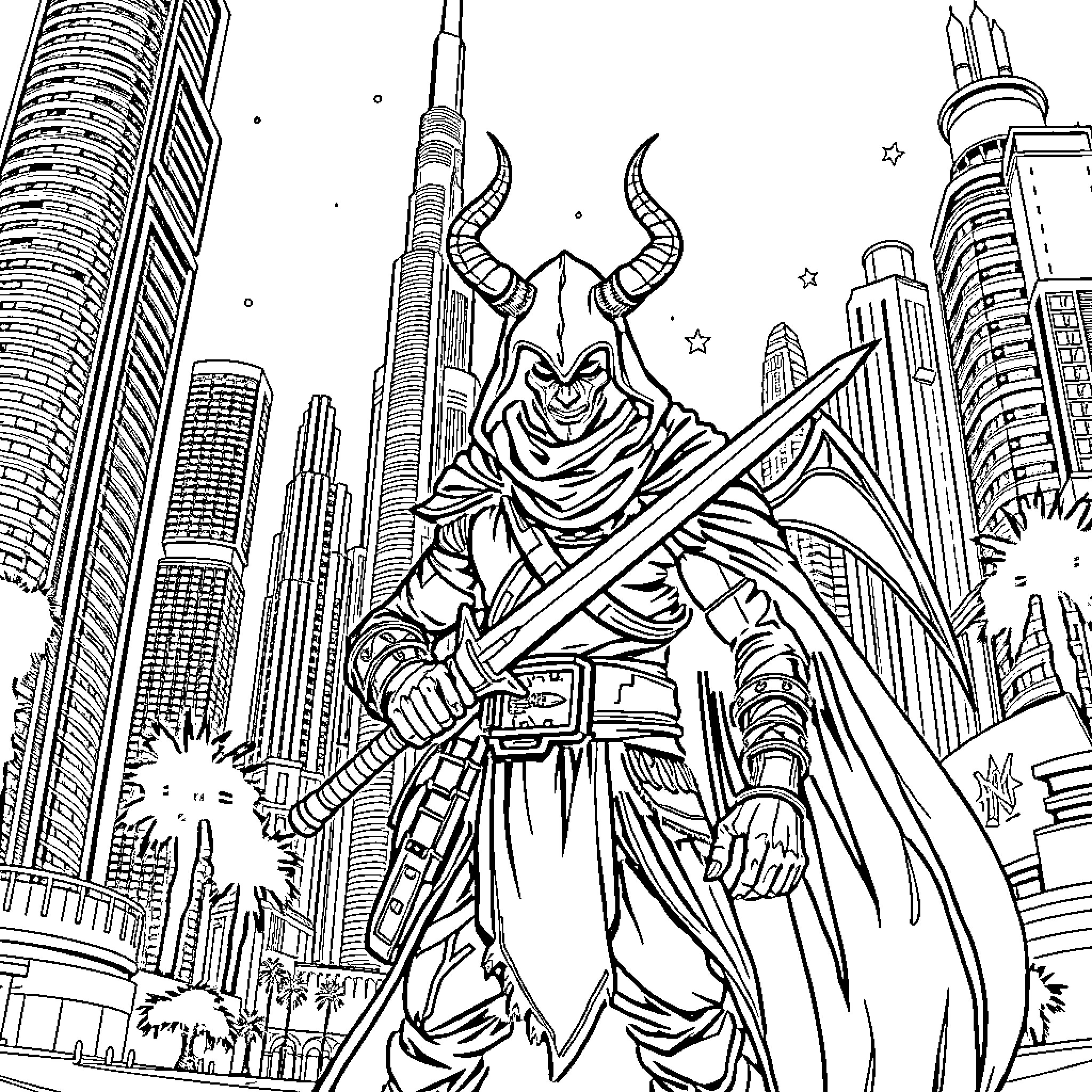 Demon Hunter Battles in a Futuristic Cityscape Coloring Page (free black-and-white line drawing printable PDF for all, from beginners to advanced learners, including children, teens, adults, and seniors)