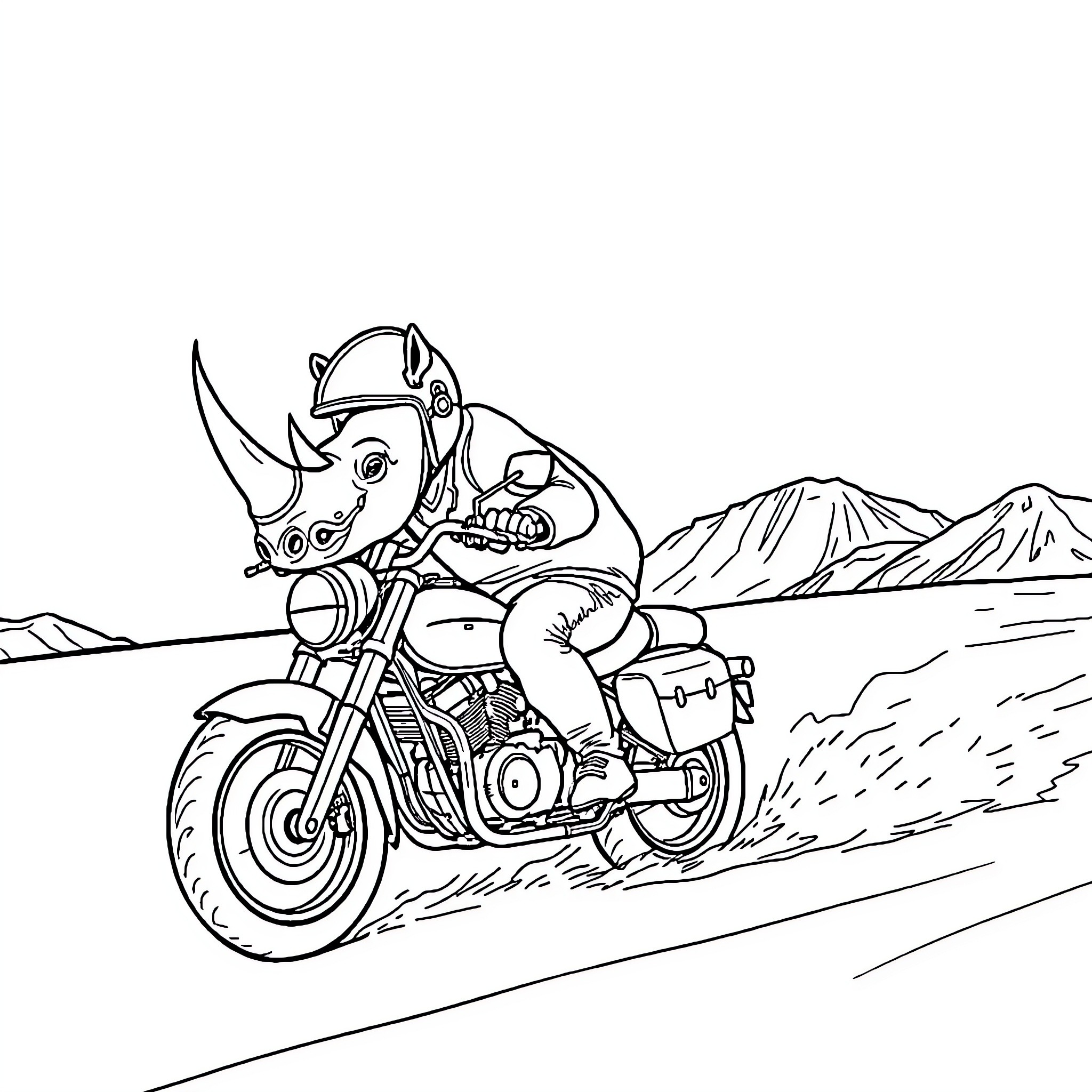 Rhino riding a motorcycle through the mountains Coloring Page (free black-and-white line drawing printable PDF for all, from beginners to advanced learners, including children, teens, adults, and seniors)