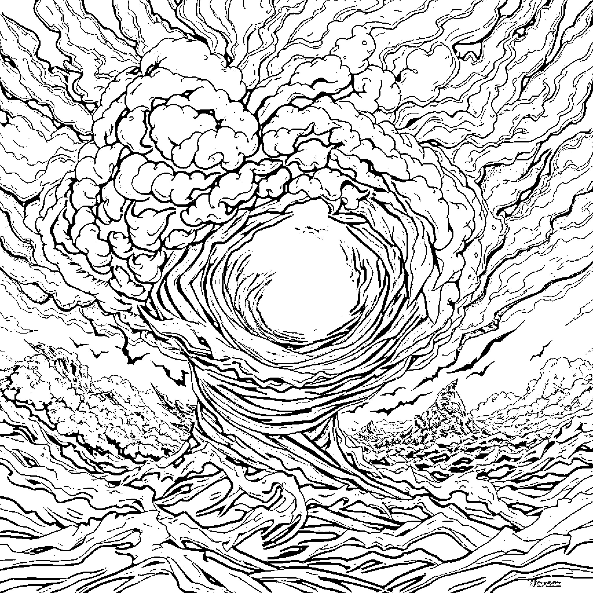 Hurricane Engulfing Surreal Landscape Coloring Page (free black-and-white line drawing printable PDF for all, from beginners to advanced learners, including children, teens, adults, and seniors)