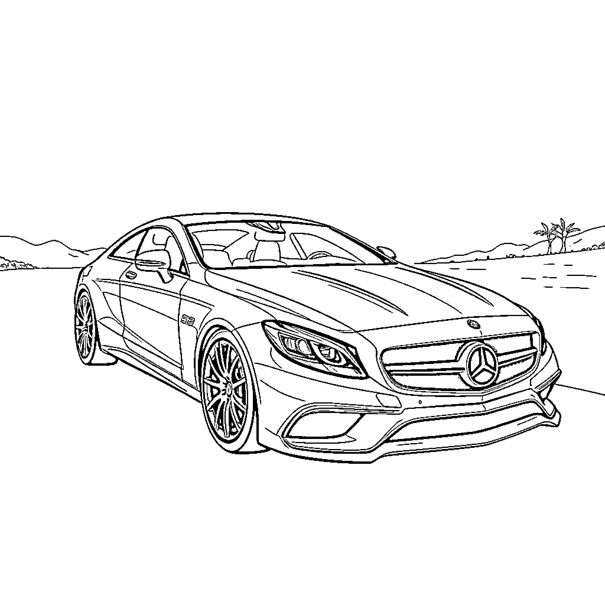 Mercedes luxury sports car on tropical beach Coloring Page (free black-and-white line drawing printable PDF for all, from beginners to advanced learners, including children, teens, adults, and seniors)