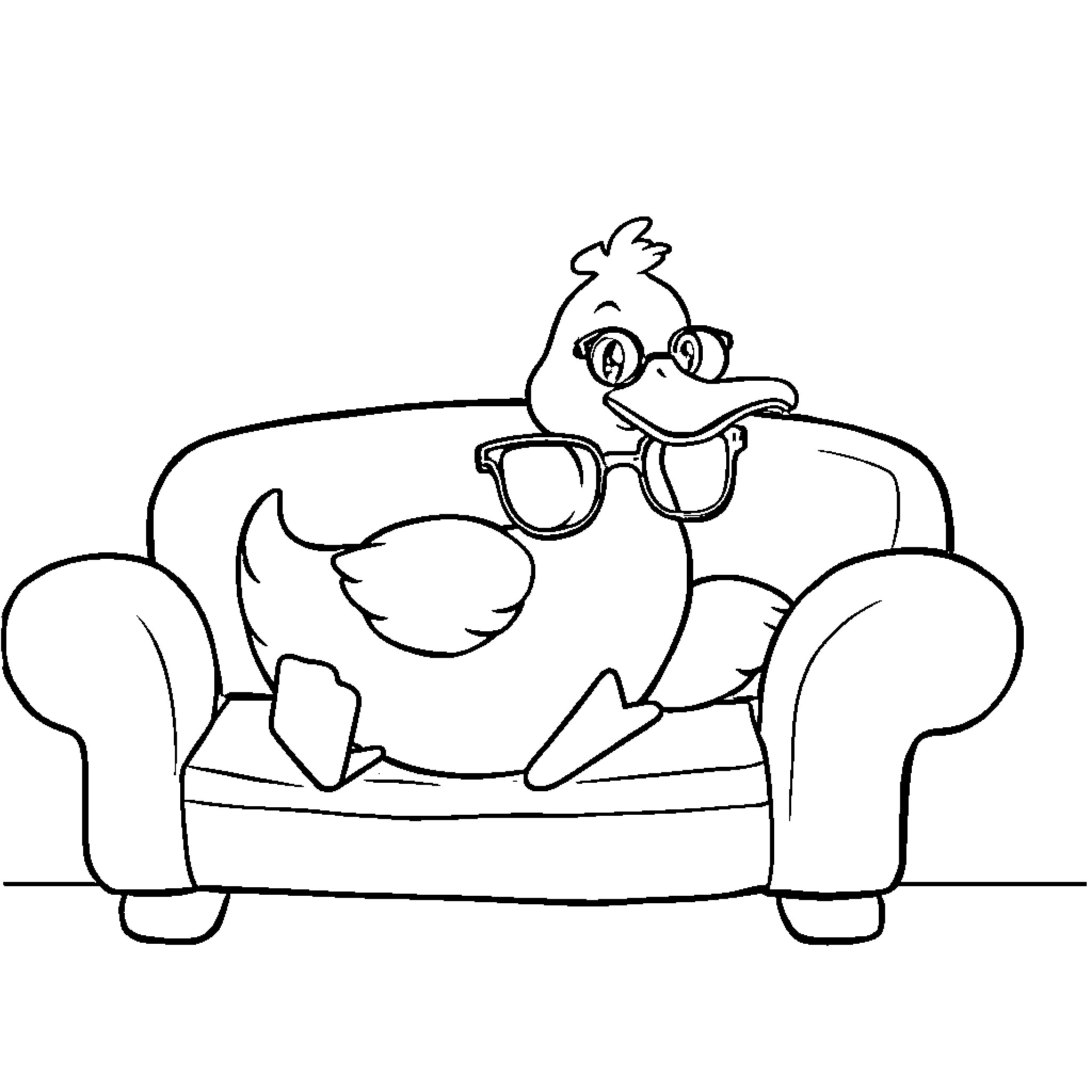 Duck lounging comfortably on sofa Coloring Page (free black-and-white line drawing printable PDF for all, from beginners to advanced learners, including children, teens, adults, and seniors)