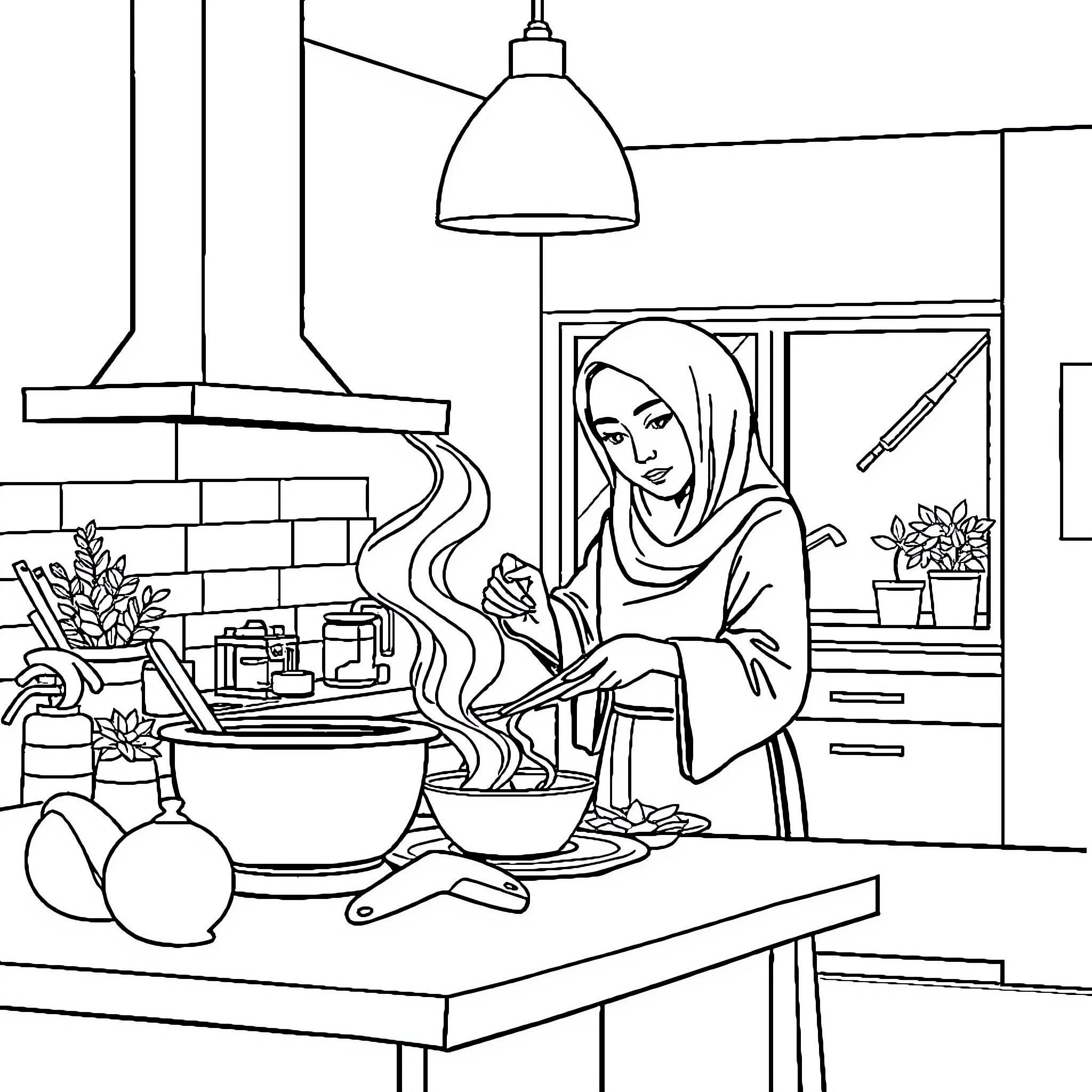 Pemuda woman cooking in a modern kitchen Coloring Page (free black-and-white line drawing printable PDF for all, from beginners to advanced learners, including children, teens, adults, and seniors)
