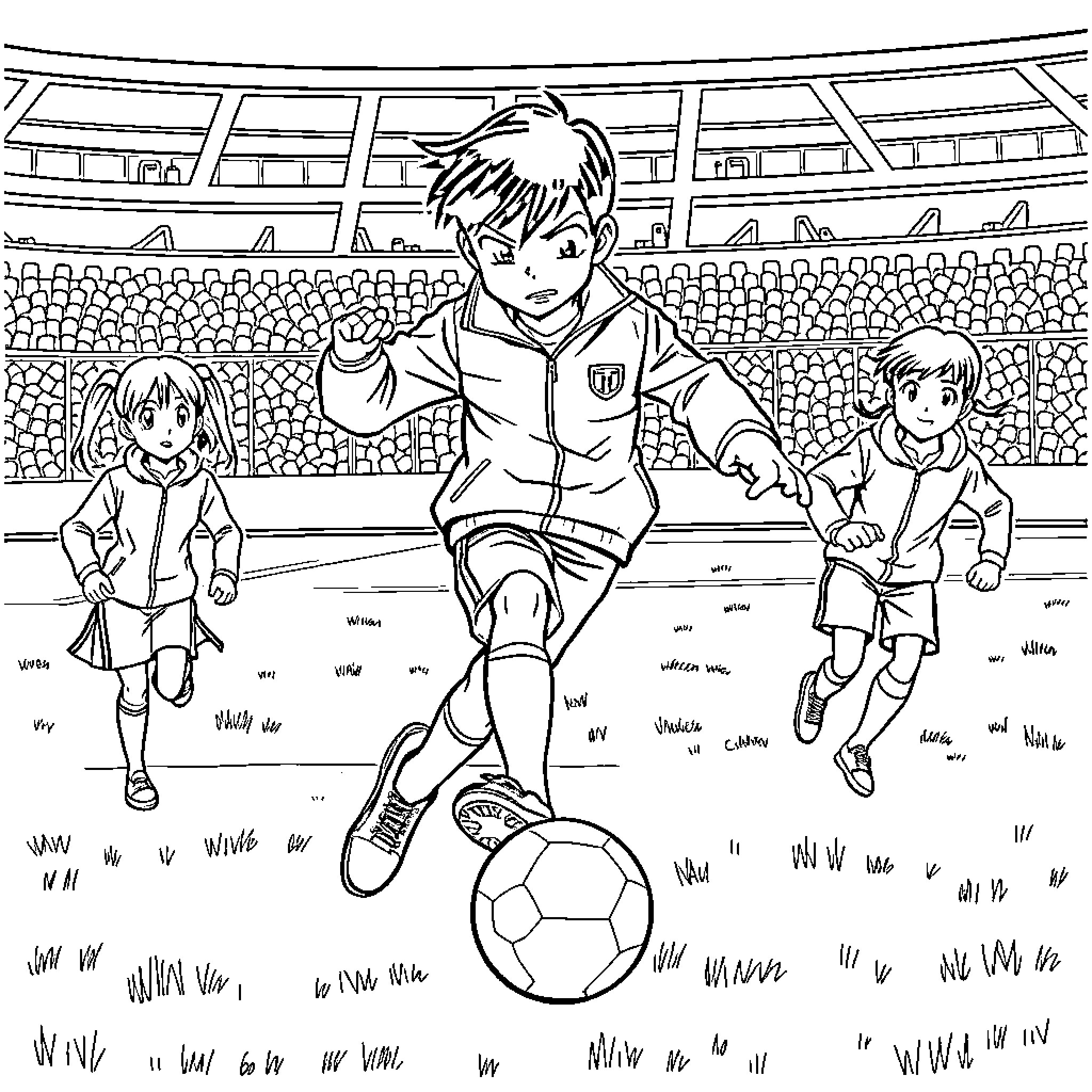 Detective Conan: Boys Playing Soccer in Stadium Coloring Page (free black-and-white line drawing printable PDF for all, from beginners to advanced learners, including children, teens, adults, and seniors)