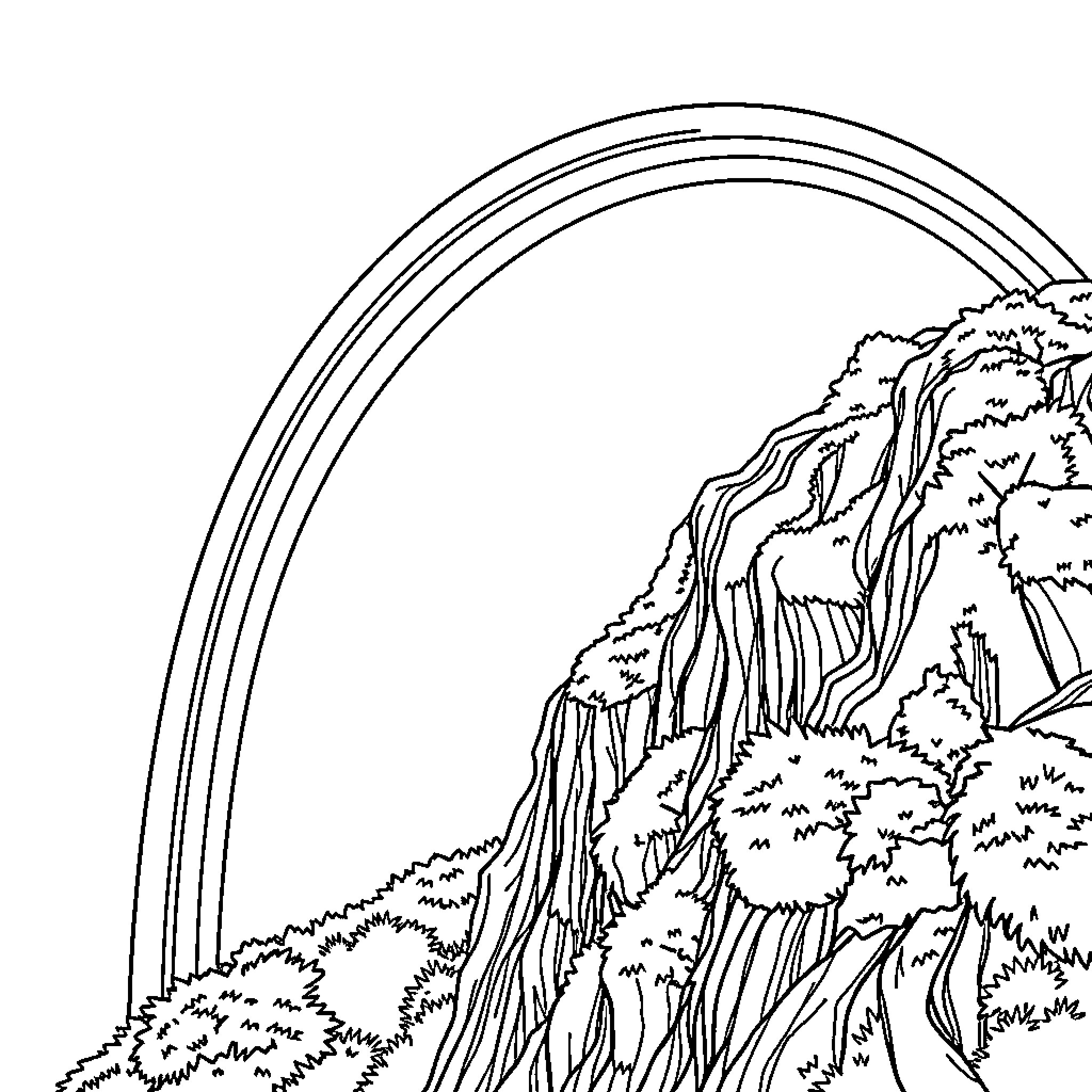 Rainbow arch over rugged mountain landscape Coloring Page (free black-and-white line drawing printable PDF for all, from beginners to advanced learners, including children, teens, adults, and seniors)