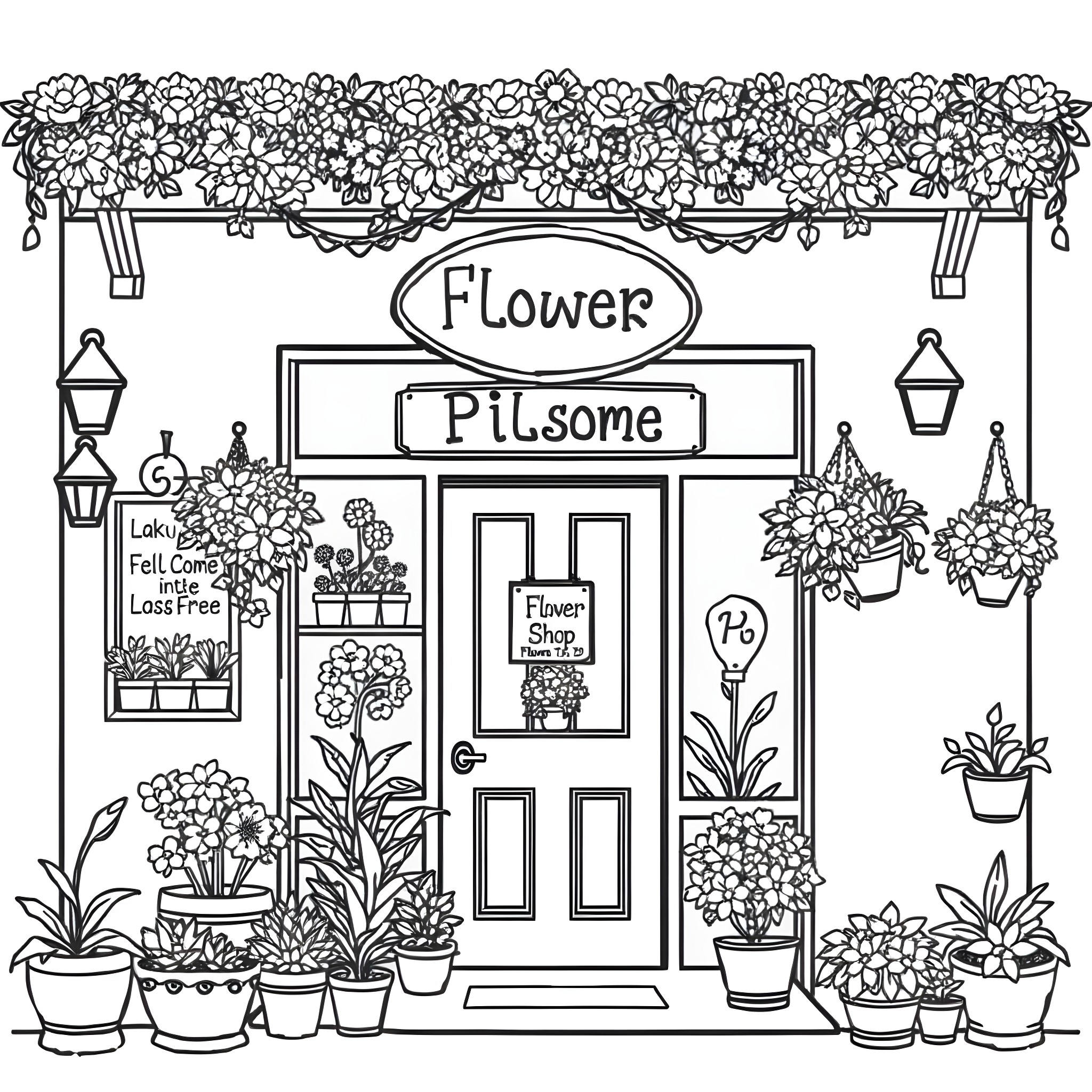 Flower Shop with Lively Flora and Decor Coloring Page (free black-and-white line drawing printable PDF for all, from beginners to advanced learners, including children, teens, adults, and seniors)