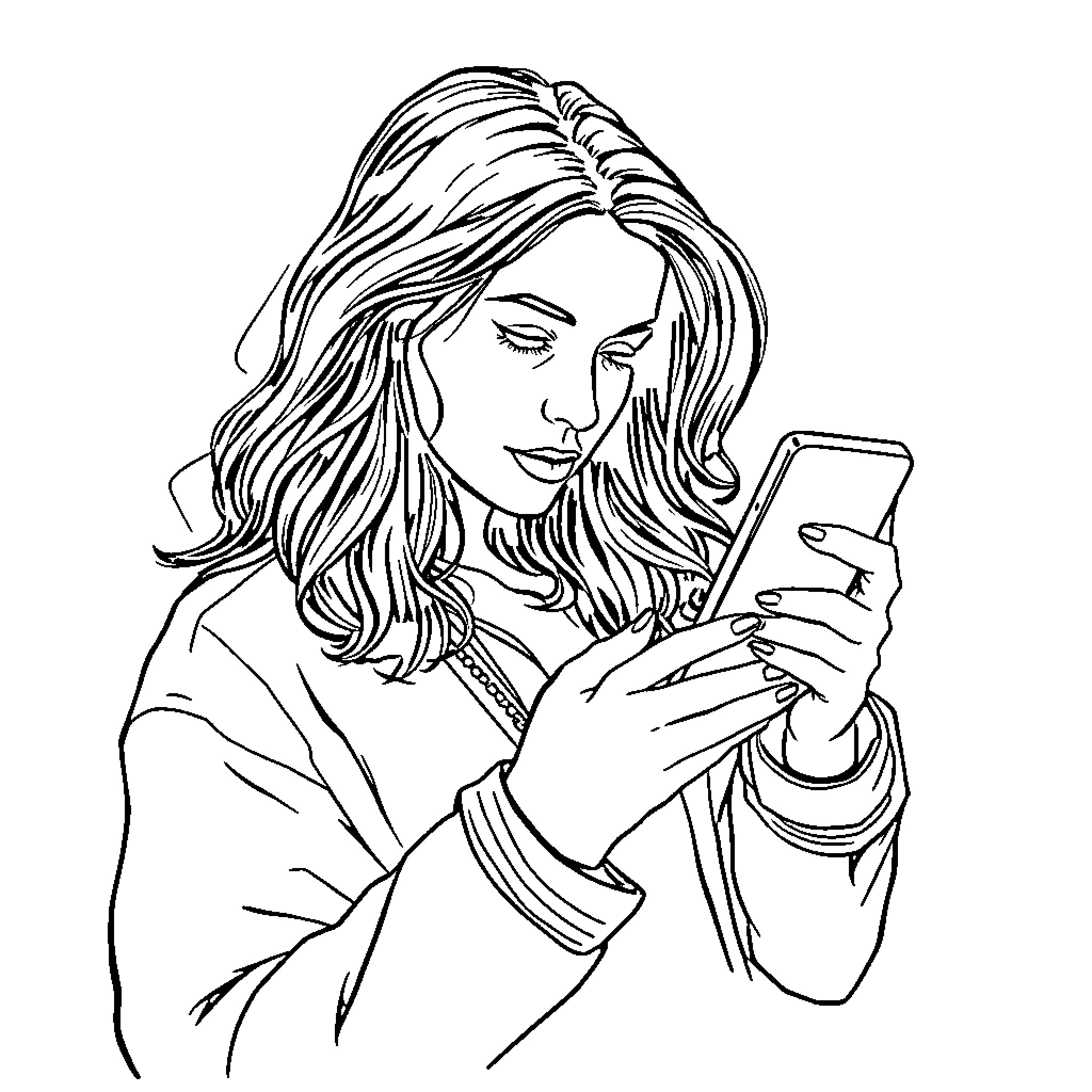 Addiction to technology in modern life Coloring Page (free black-and-white line drawing printable PDF for all, from beginners to advanced learners, including children, teens, adults, and seniors)