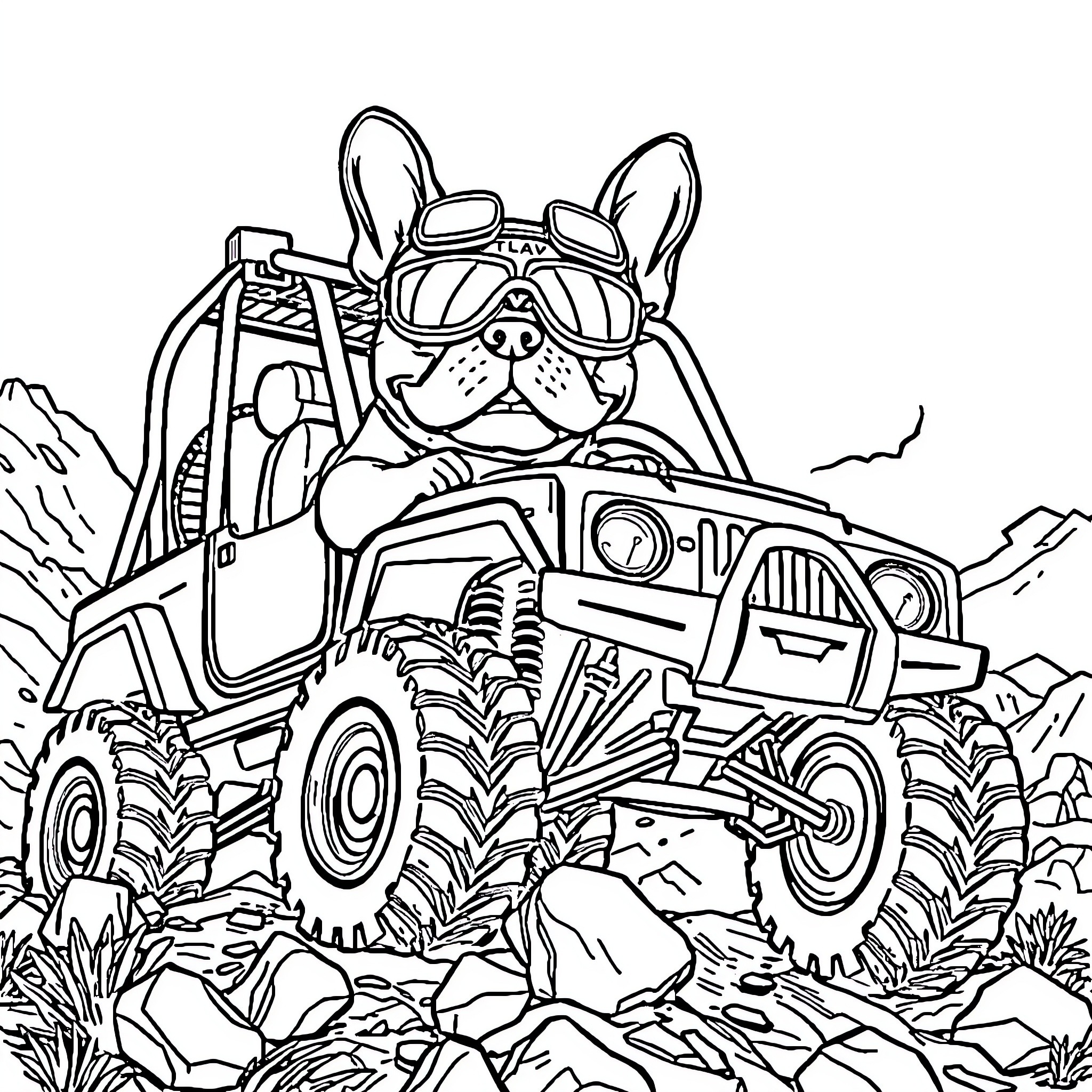 French Bulldog Driving Off-Road Vehicle through Rugged Terrain Coloring Page (free black-and-white line drawing printable PDF for all, from beginners to advanced learners, including children, teens, adults, and seniors)