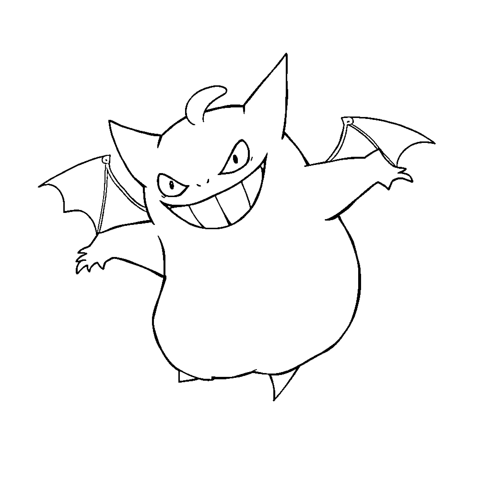 Gengar grinning mischievously Coloring Page (free black-and-white line drawing printable PDF for all, from beginners to advanced learners, including children, teens, adults, and seniors)