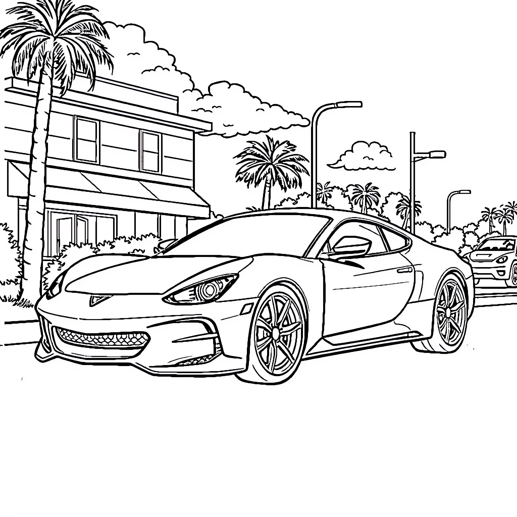 Fox sports car parked on a tropical street Coloring Page (free black-and-white line drawing printable PDF for all, from beginners to advanced learners, including children, teens, adults, and seniors)