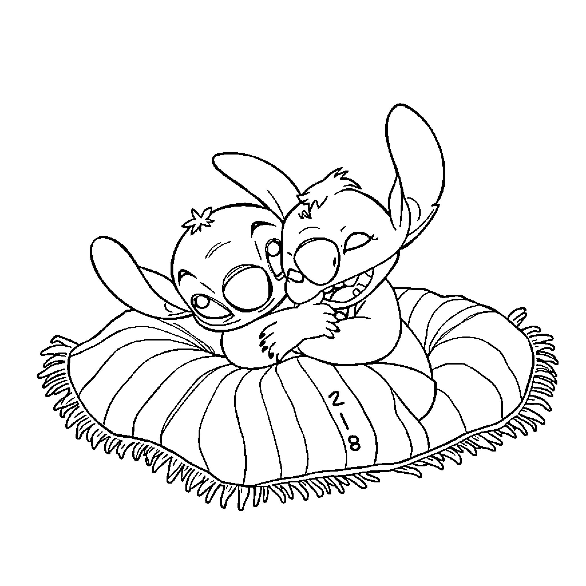 Stitch sleeping peacefully on a cozy pillow Coloring Page (free black-and-white line drawing printable PDF for all, from beginners to advanced learners, including children, teens, adults, and seniors)