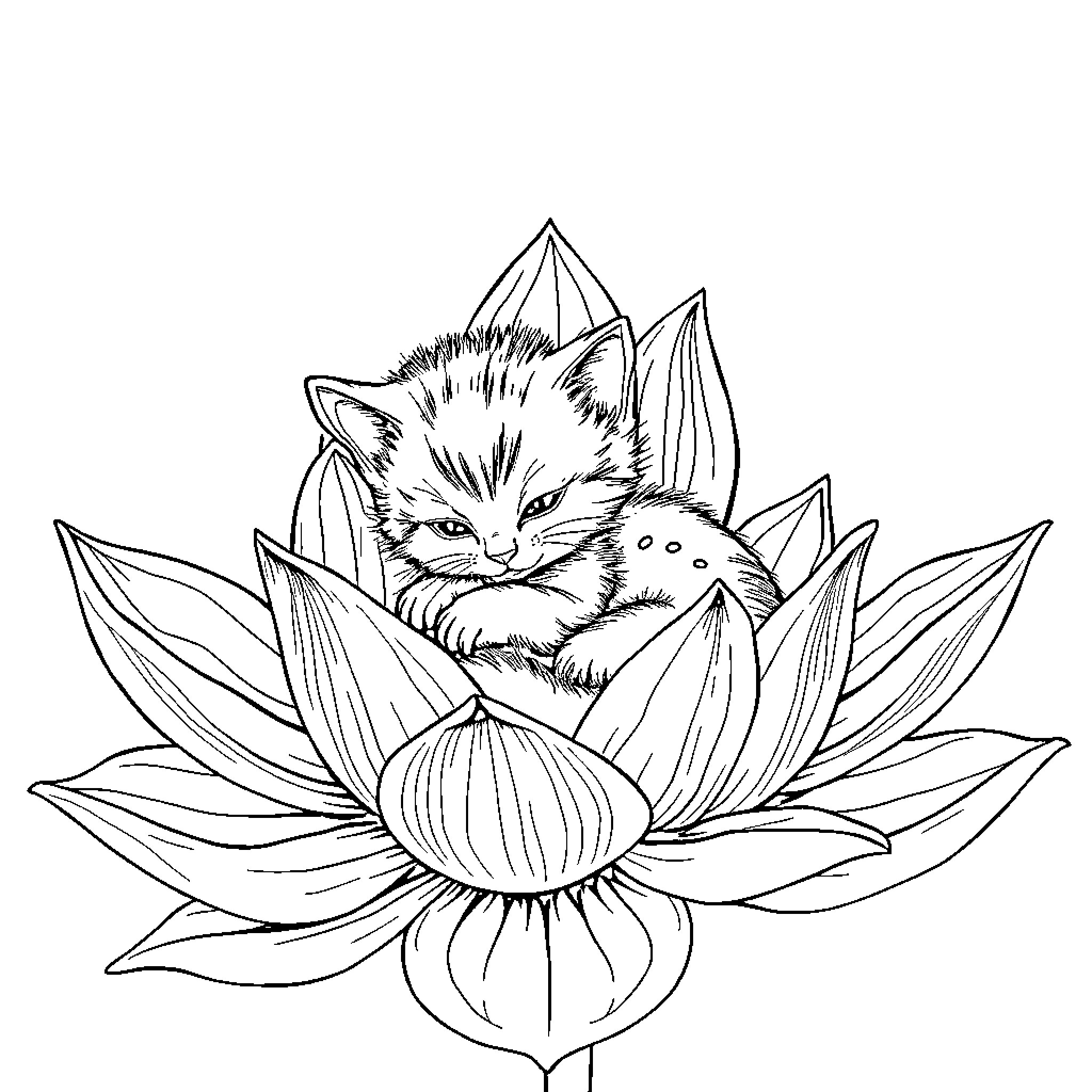 Lotus Flower with Playful Kitten Coloring Page (free black-and-white line drawing printable PDF for all, from beginners to advanced learners, including children, teens, adults, and seniors)