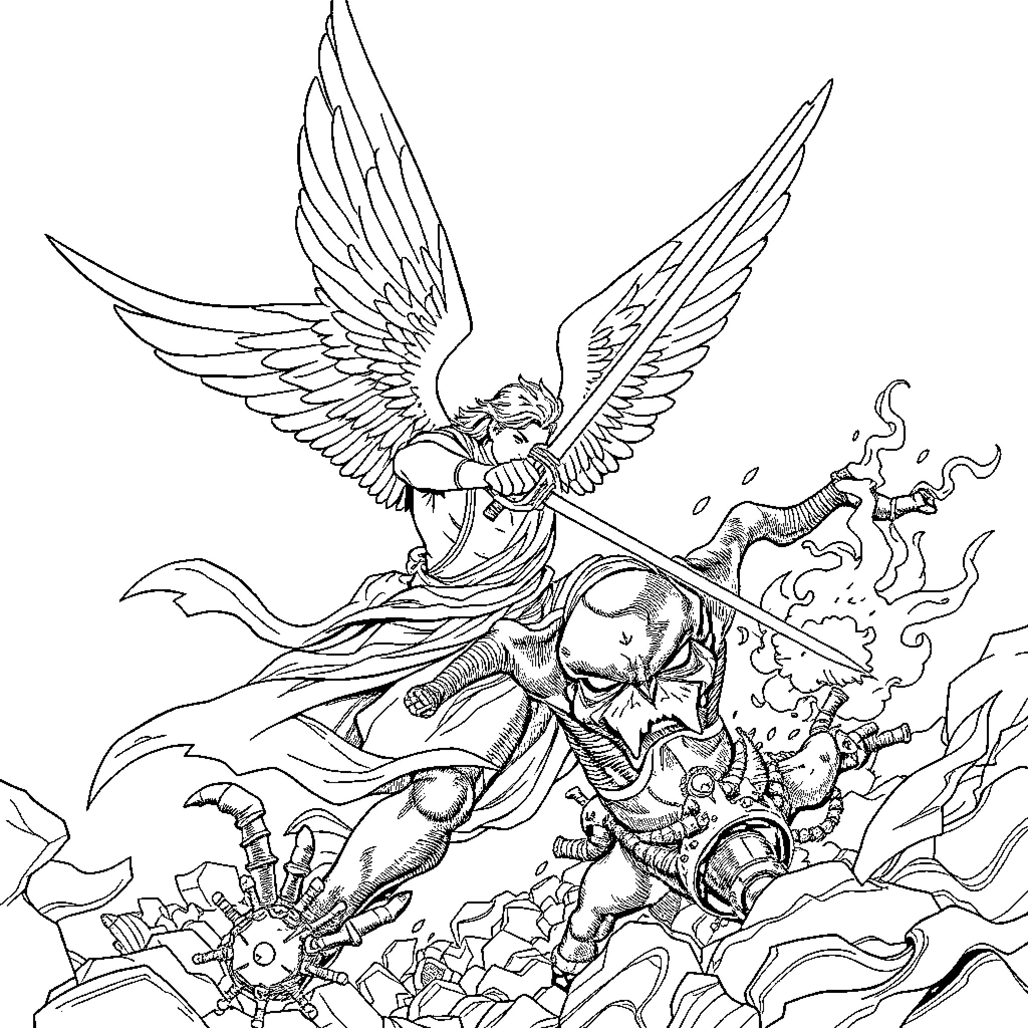 Archangel Vanquishing Demons Coloring Page (free black-and-white line drawing printable PDF for all, from beginners to advanced learners, including children, teens, adults, and seniors)
