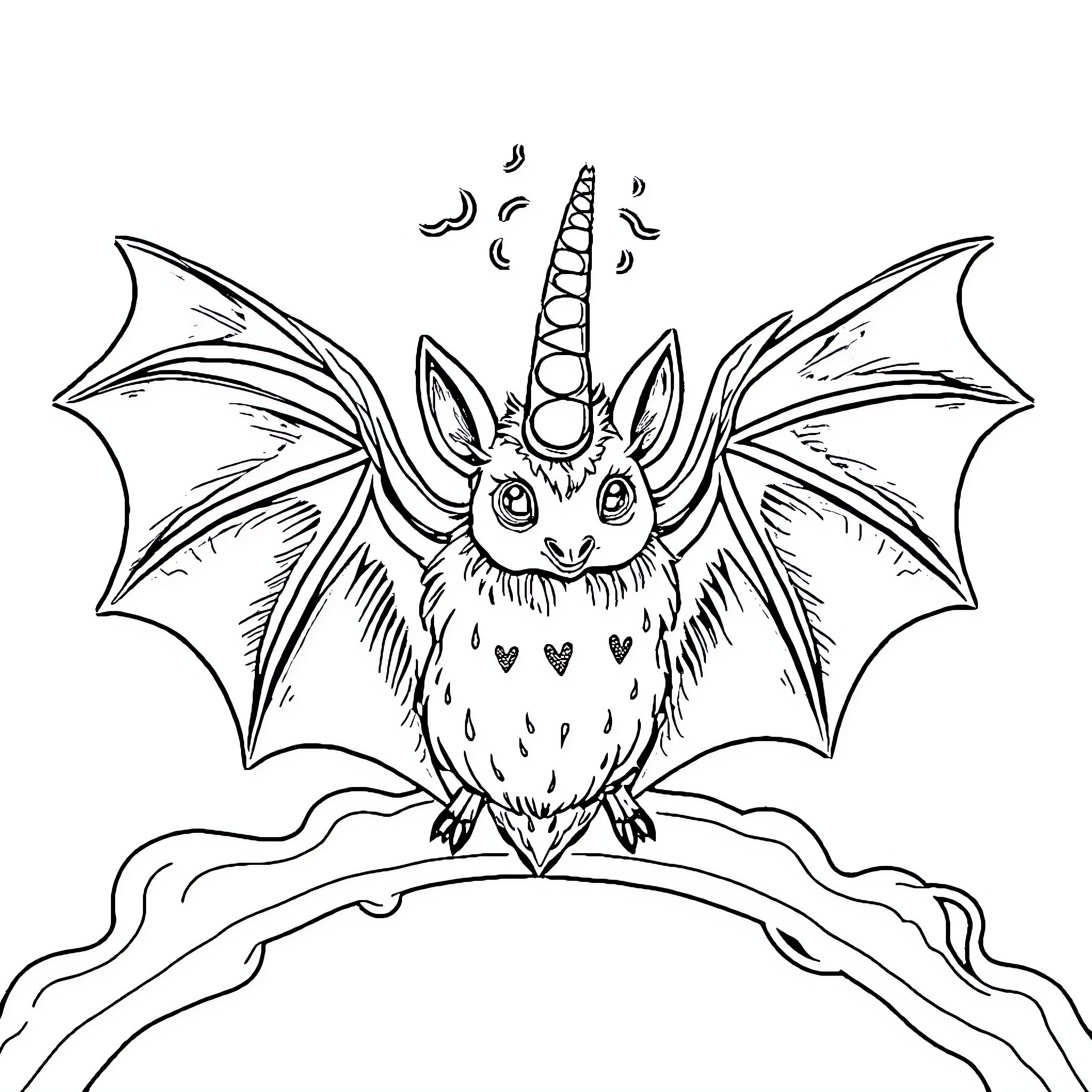 Bat with Unicorn Horn Spreading Wings Coloring Page (free black-and-white line drawing printable PDF for all, from beginners to advanced learners, including children, teens, adults, and seniors)