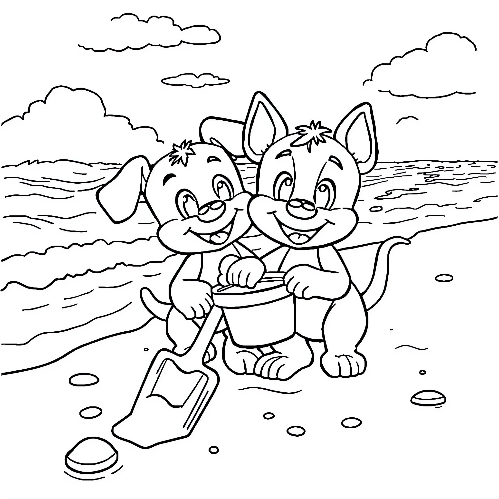 Bluey and friend exploring the beach together Coloring Page (free black-and-white line drawing printable PDF for all, from beginners to advanced learners, including children, teens, adults, and seniors)