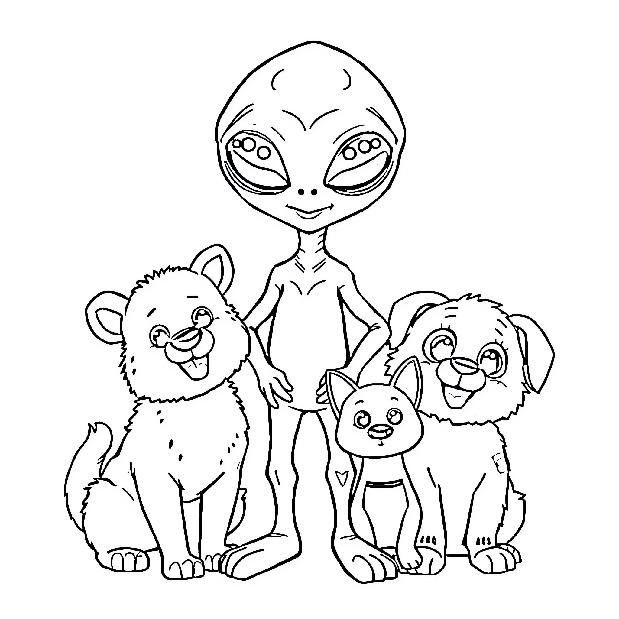 Alien befriends playful puppies in tranquil scene Coloring Page (free black-and-white line drawing printable PDF for all, from beginners to advanced learners, including children, teens, adults, and seniors)