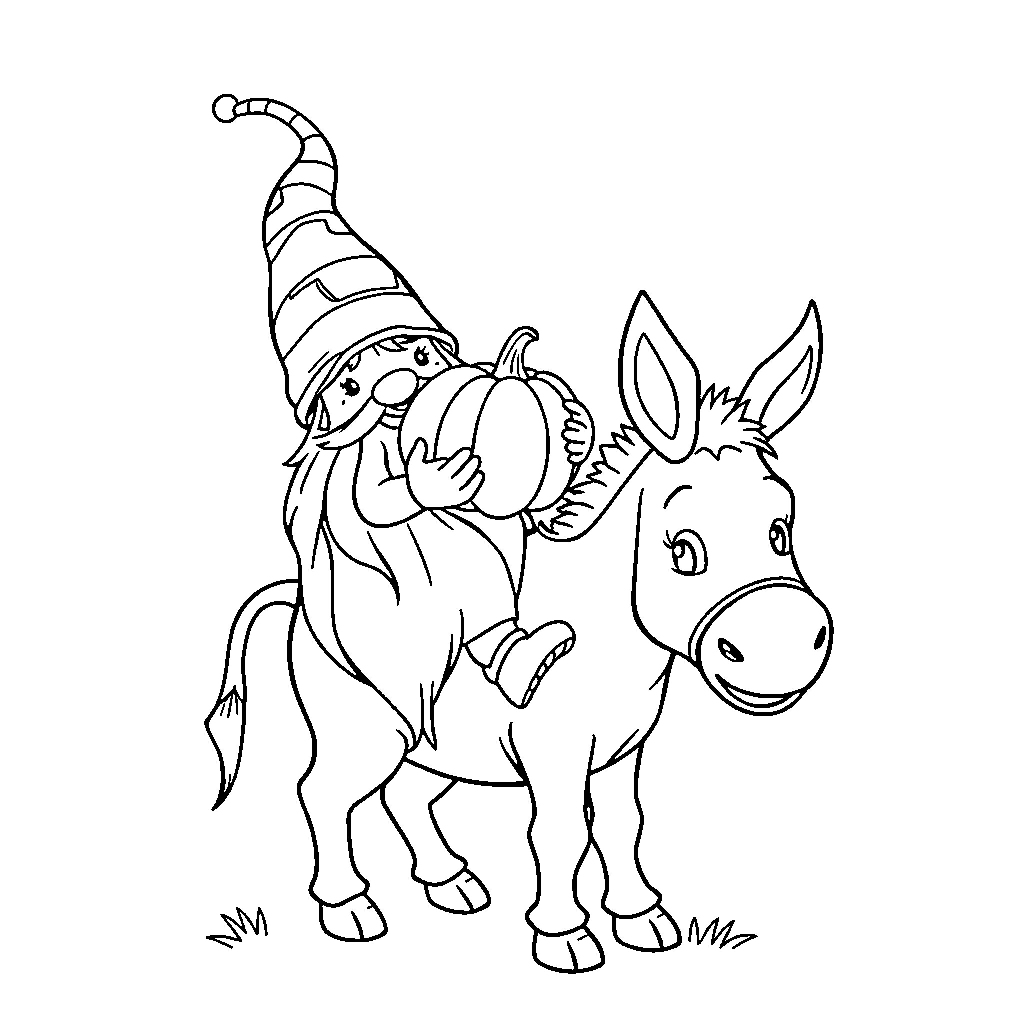 Gnome riding a playful donkey Coloring Page (free black-and-white line drawing printable PDF for all, from beginners to advanced learners, including children, teens, adults, and seniors)