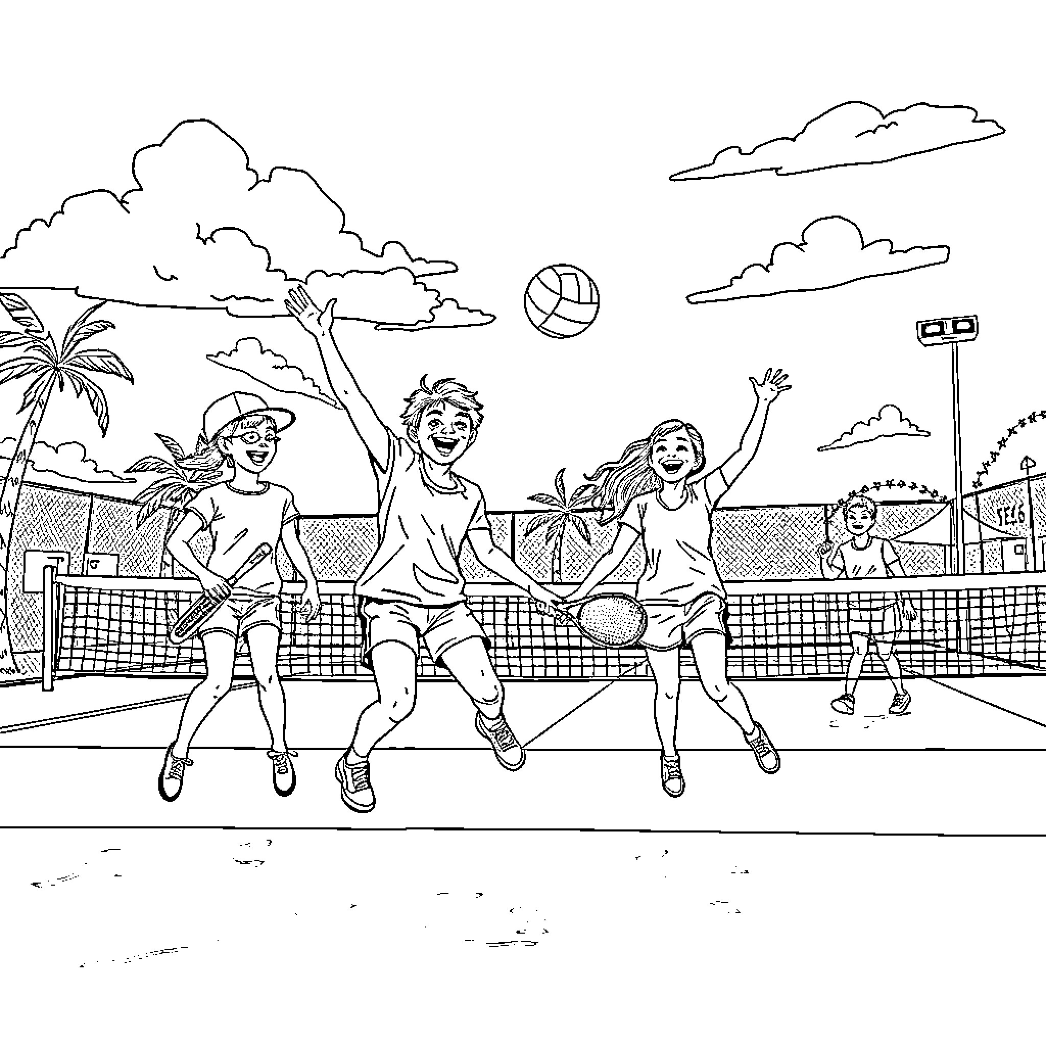 Students playing beach volleyball together Coloring Page (free black-and-white line drawing printable PDF for all, from beginners to advanced learners, including children, teens, adults, and seniors)