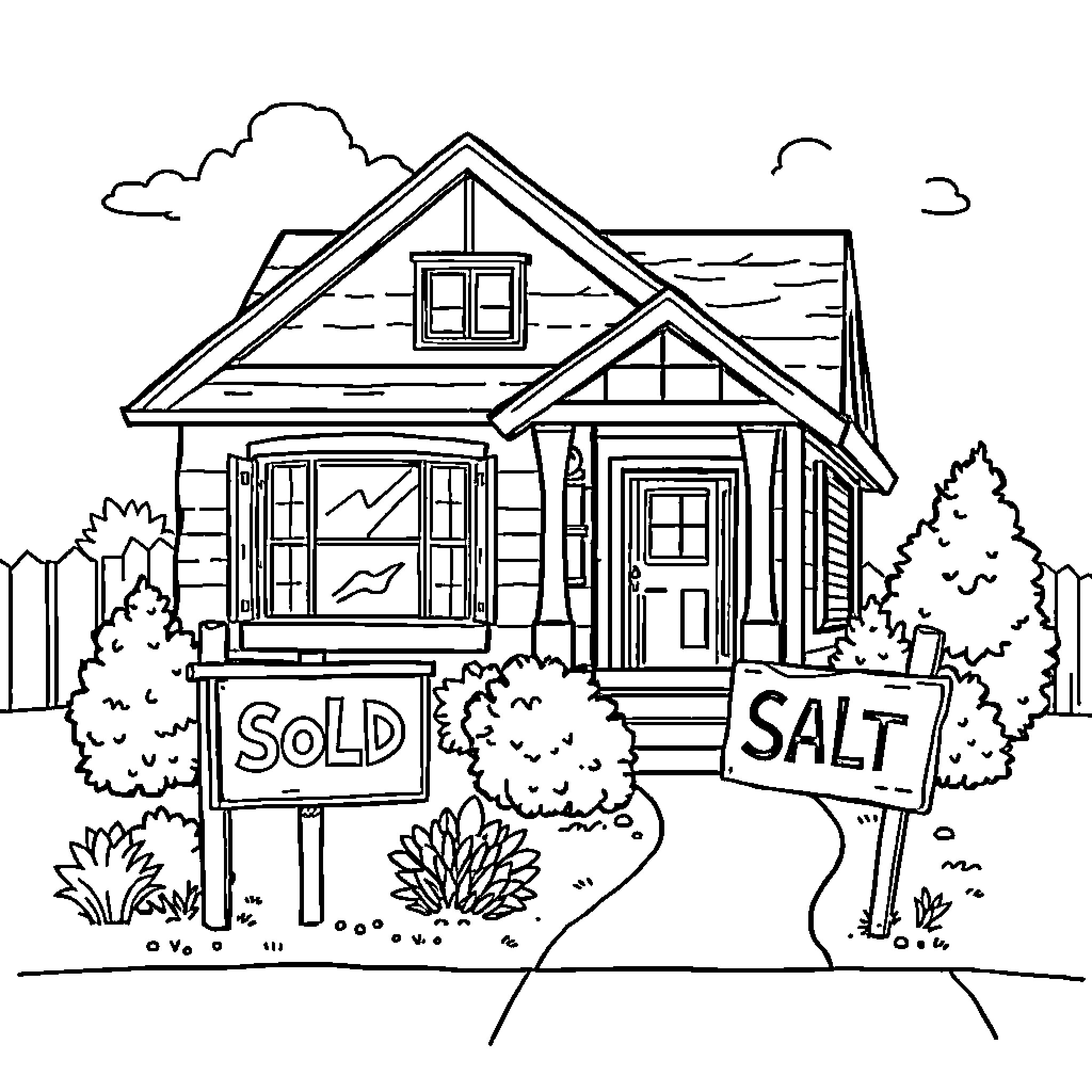 Home For Sale with Salt Sign Coloring Page (free black-and-white line drawing printable PDF for all, from beginners to advanced learners, including children, teens, adults, and seniors)