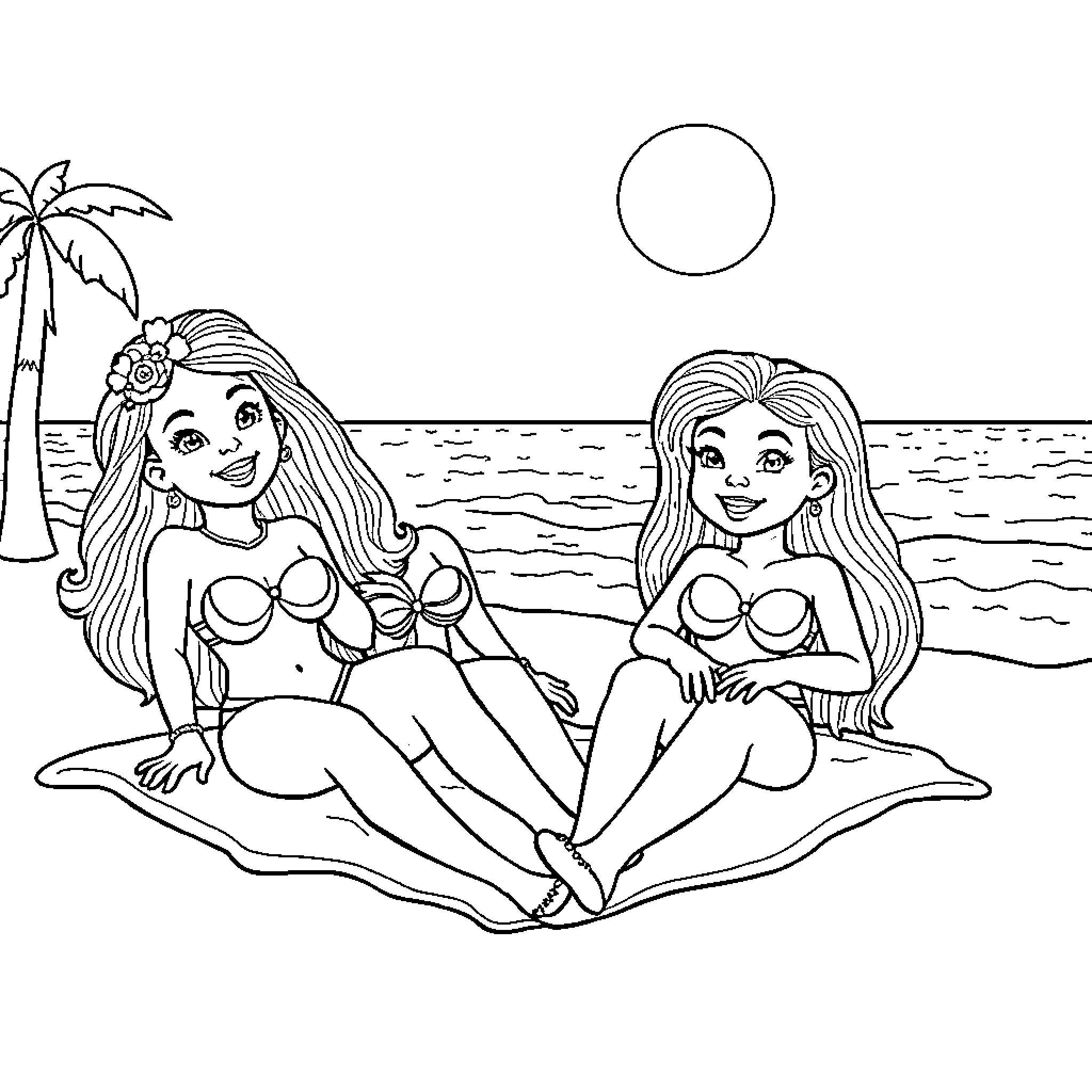 Latina Mermaids Relaxing on the Beach Coloring Page (free black-and-white line drawing printable PDF for all, from beginners to advanced learners, including children, teens, adults, and seniors)