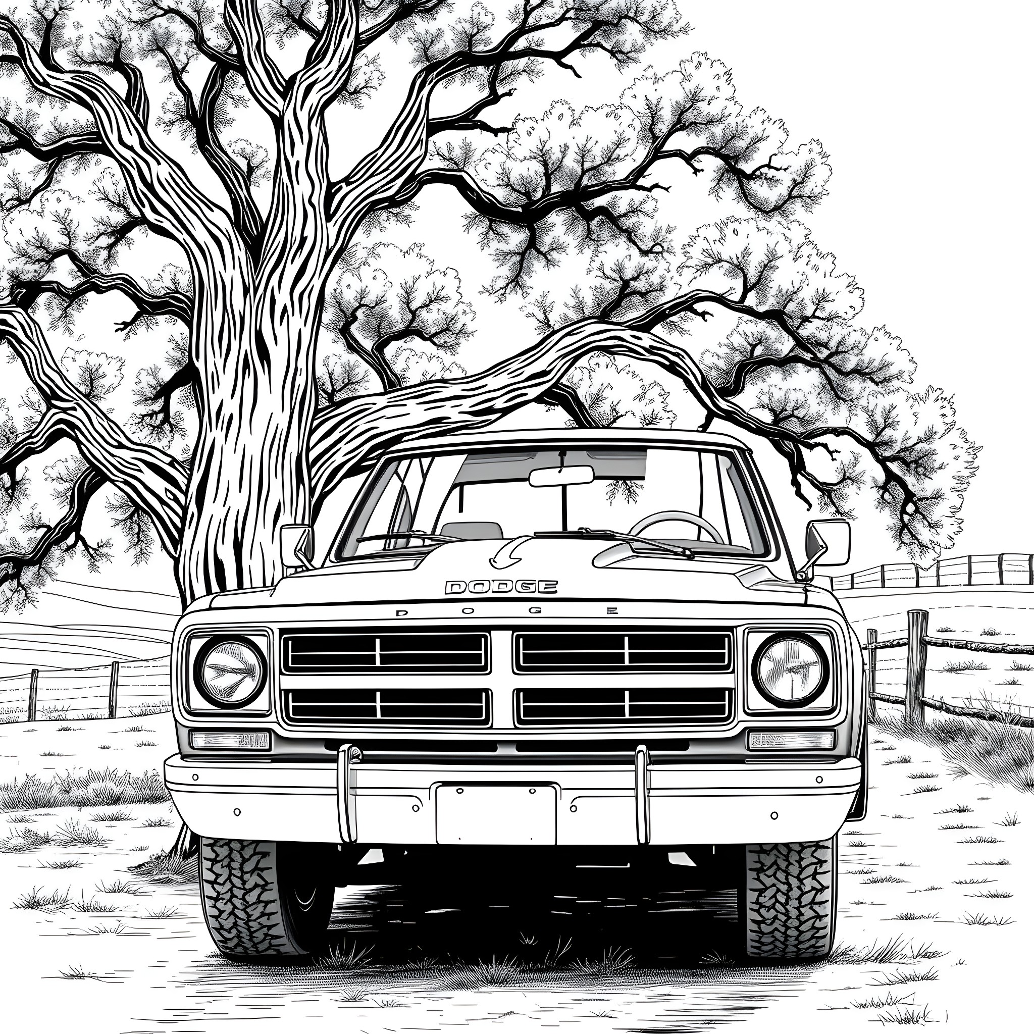 Dodge Truck Parked Under Towering Tree Coloring Page (free black-and-white line drawing printable PDF for all, from beginners to advanced learners, including children, teens, adults, and seniors)