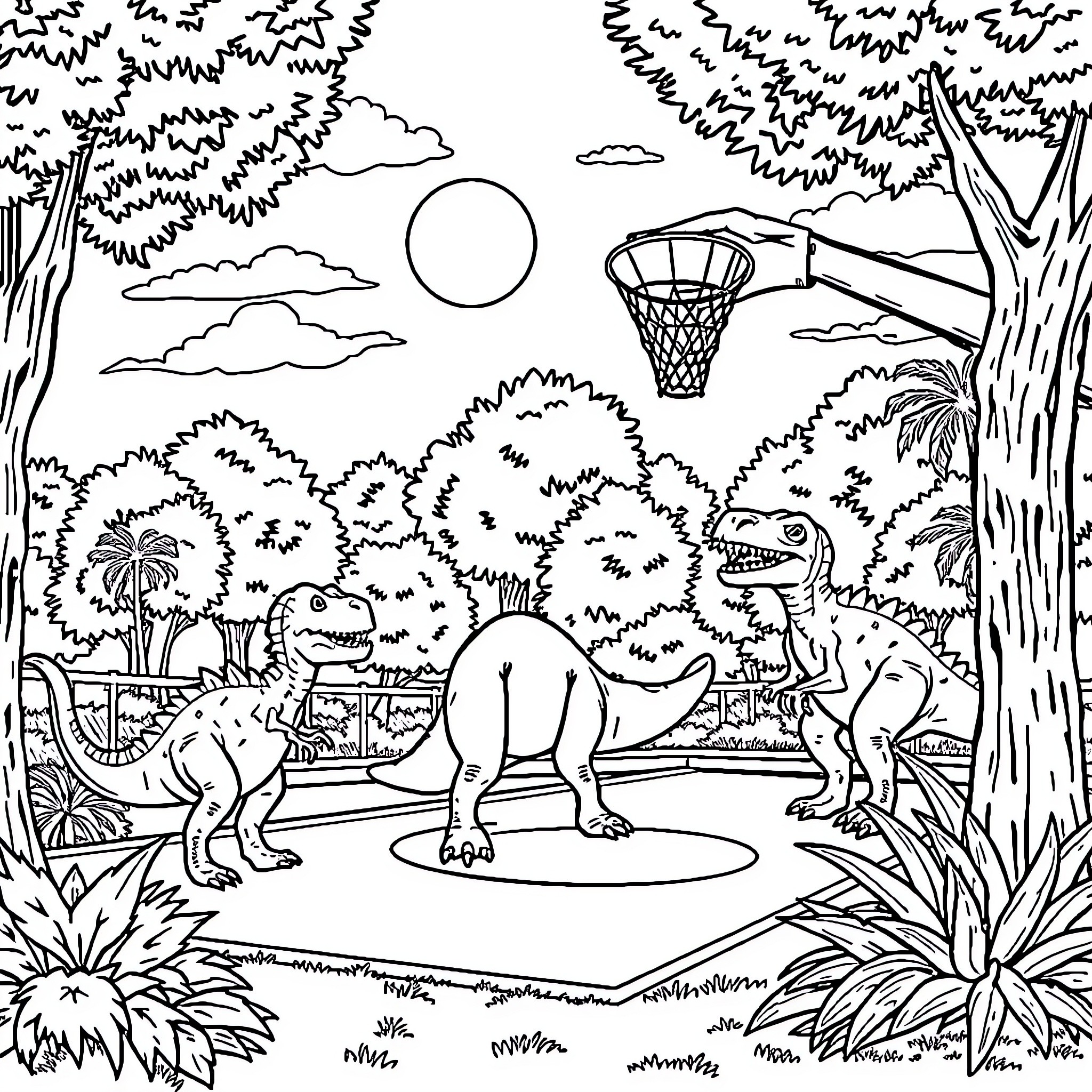 Dinosaurs Playing Basketball in Tropical Forest Coloring Page (free black-and-white line drawing printable PDF for all, from beginners to advanced learners, including children, teens, adults, and seniors)