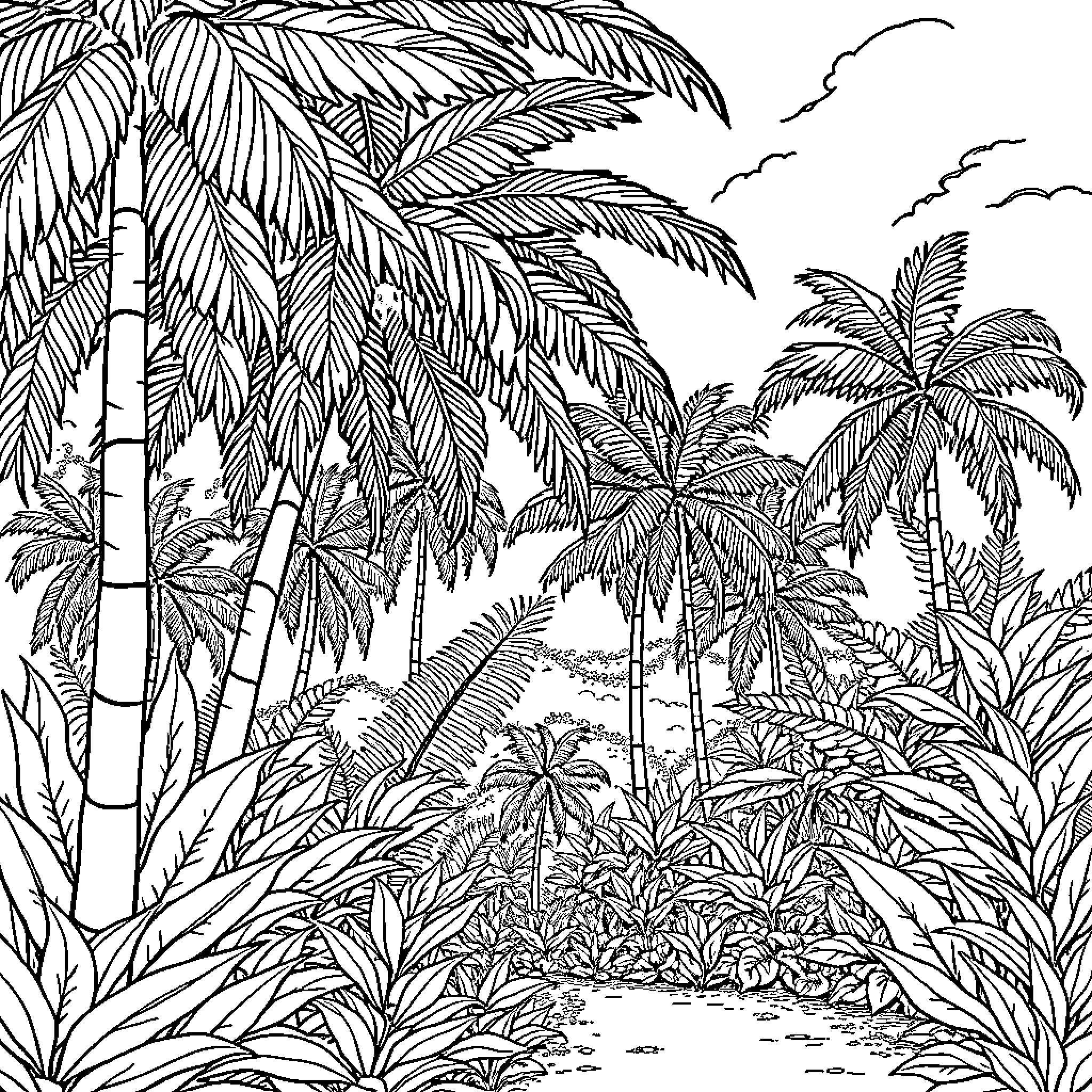 Chola Tree Tropical Rainforest Landscape Coloring Page (free black-and-white line drawing printable PDF for all, from beginners to advanced learners, including children, teens, adults, and seniors)