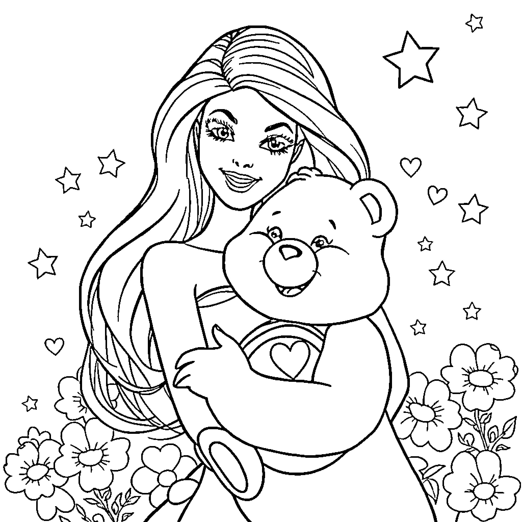Barbie hugs her teddy bear with flowers Coloring Page (free black-and-white line drawing printable PDF for all, from beginners to advanced learners, including children, teens, adults, and seniors)
