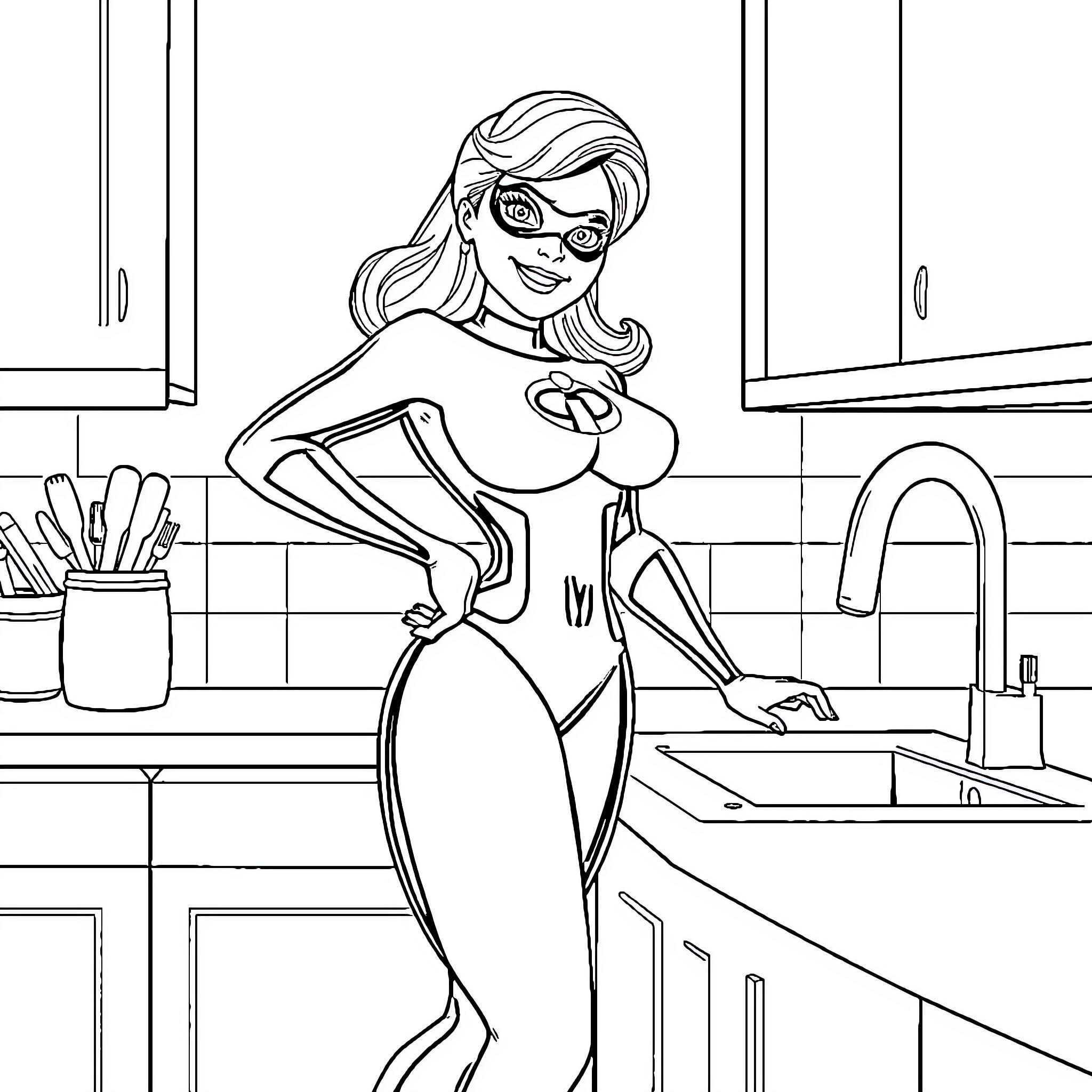 Mrs. Incredible's heroic pose in the kitchen Coloring Page (free black-and-white line drawing printable PDF for all, from beginners to advanced learners, including children, teens, adults, and seniors)