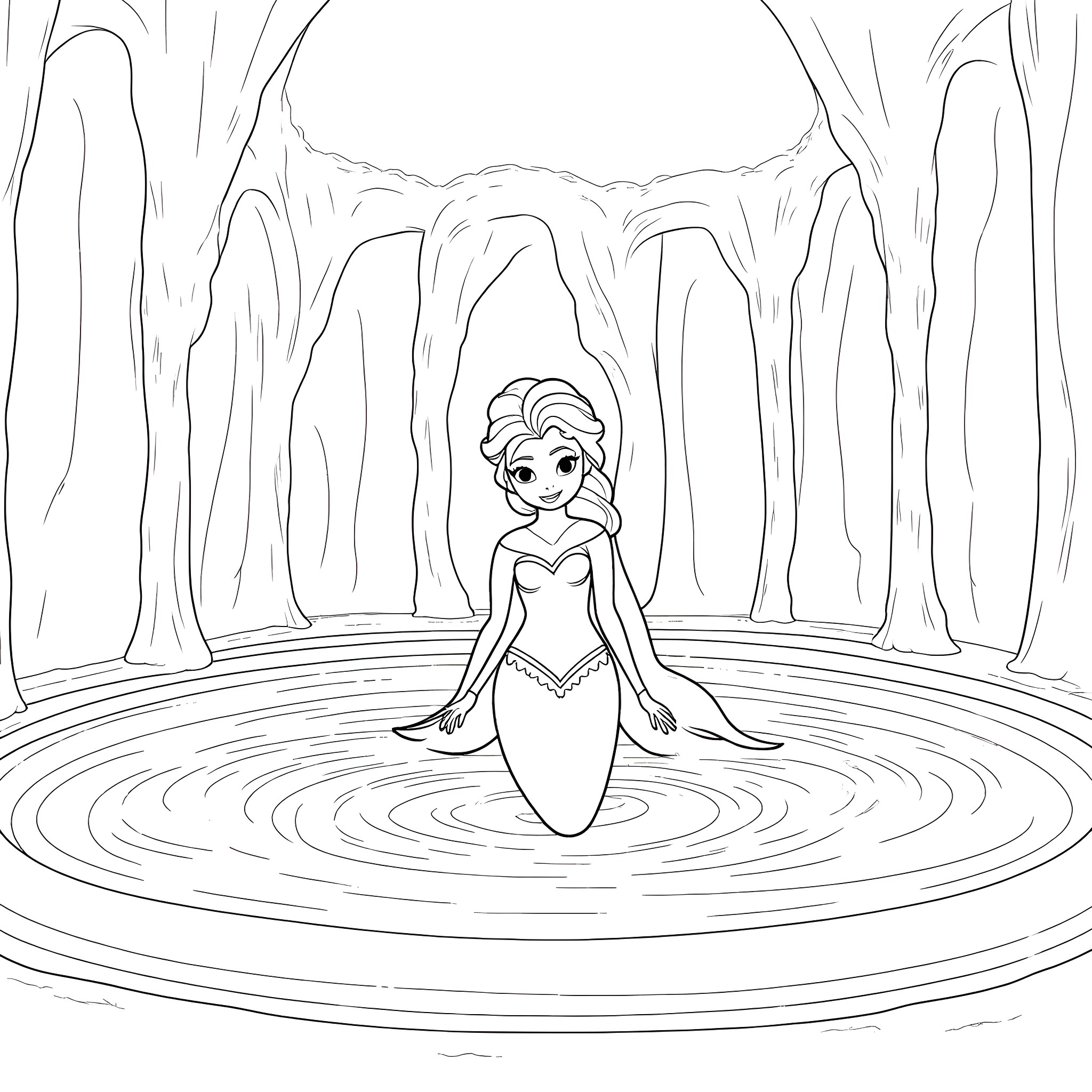 Elsa's Magical Enchantment in the Enchanted Forest Coloring Page (free black-and-white line drawing printable PDF for all, from beginners to advanced learners, including children, teens, adults, and seniors)