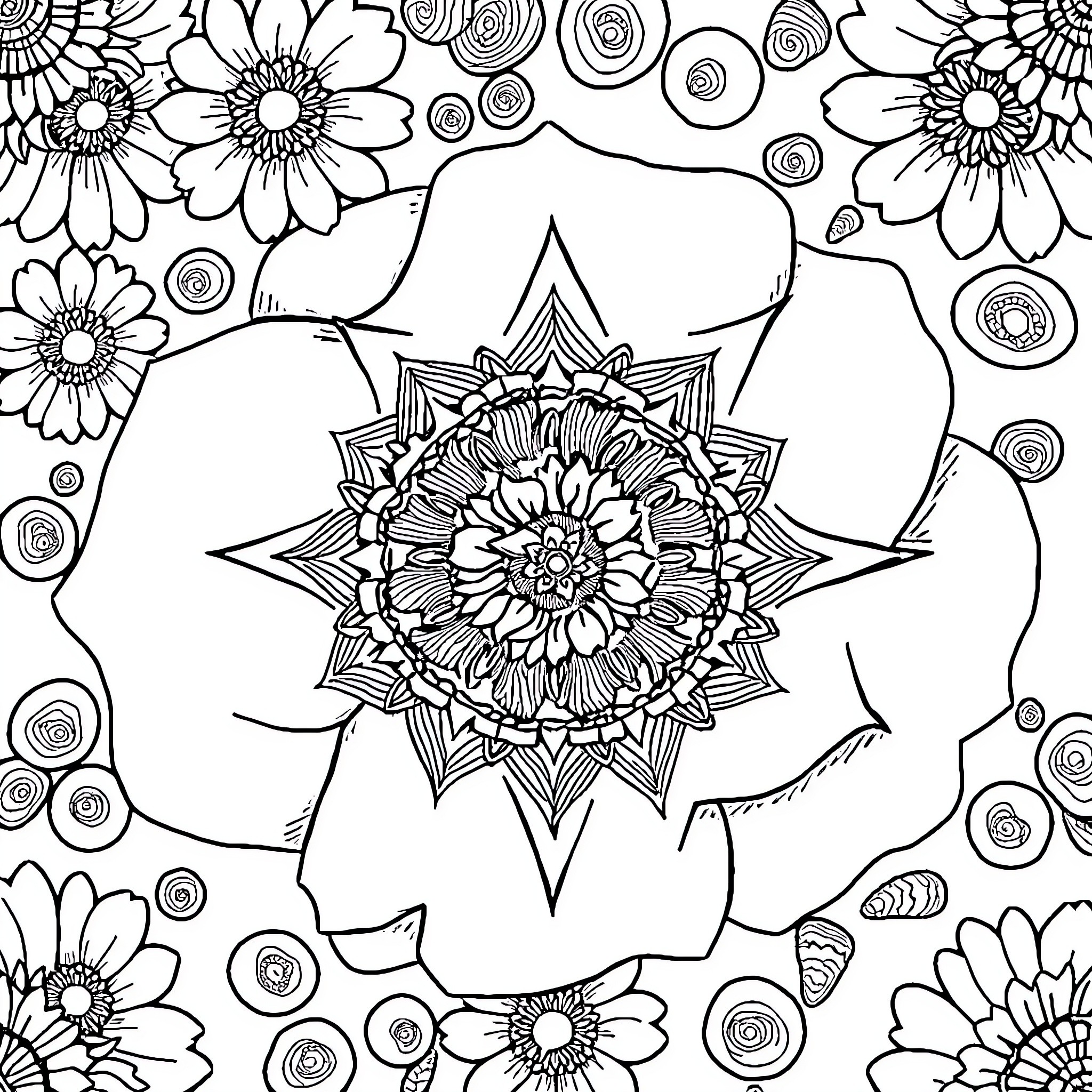 Sheet of Intricate Flower Patterns Coloring Page (free black-and-white line drawing printable PDF for all, from beginners to advanced learners, including children, teens, adults, and seniors)