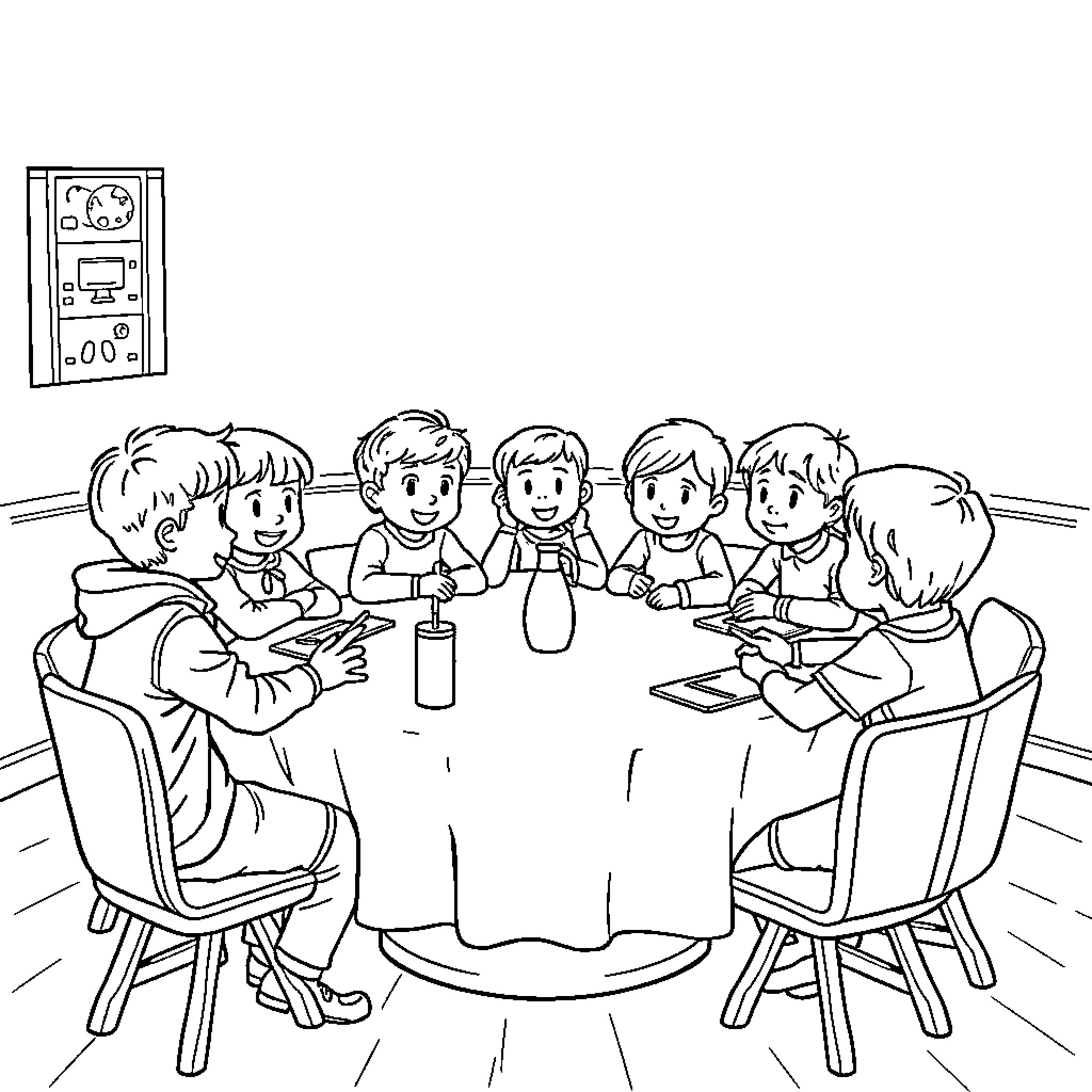 Child group at a table Coloring Page (free black-and-white line drawing printable PDF for all, from beginners to advanced learners, including children, teens, adults, and seniors)