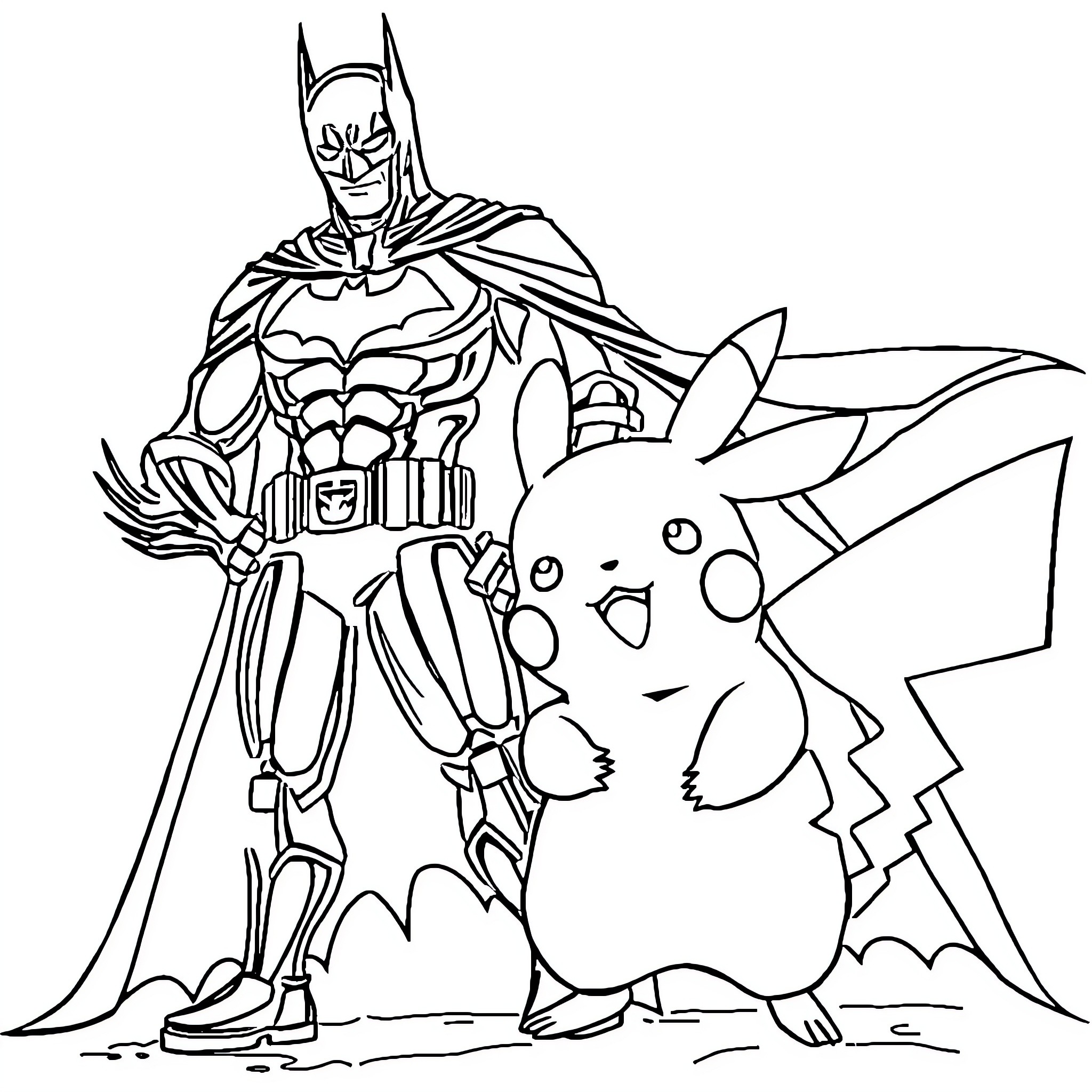 Batman and Pikachu in action-packed encounter Coloring Page (free black-and-white line drawing printable PDF for all, from beginners to advanced learners, including children, teens, adults, and seniors)