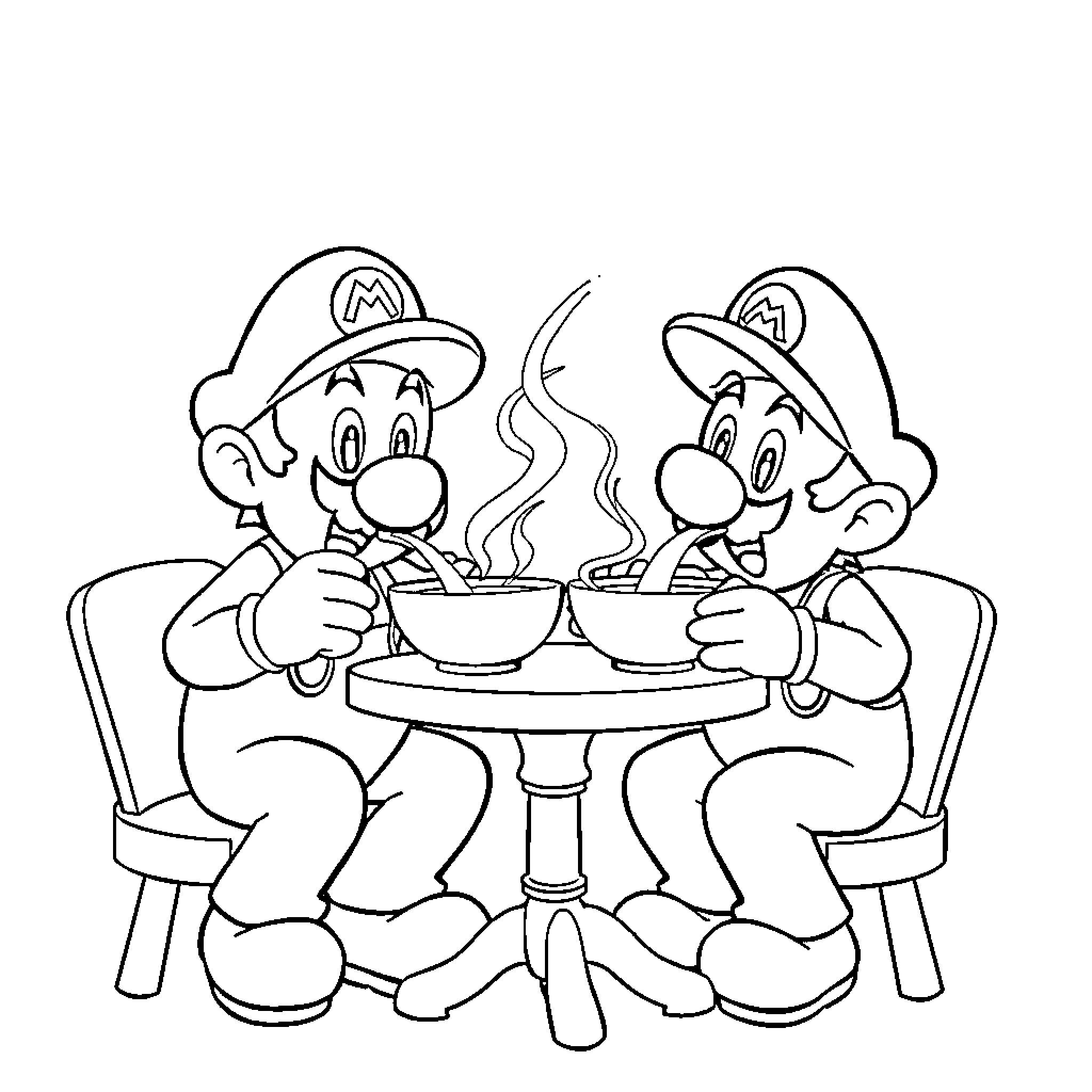 Mario Brothers Enjoying Hot Beverage Together Coloring Page (free black-and-white line drawing printable PDF for all, from beginners to advanced learners, including children, teens, adults, and seniors)