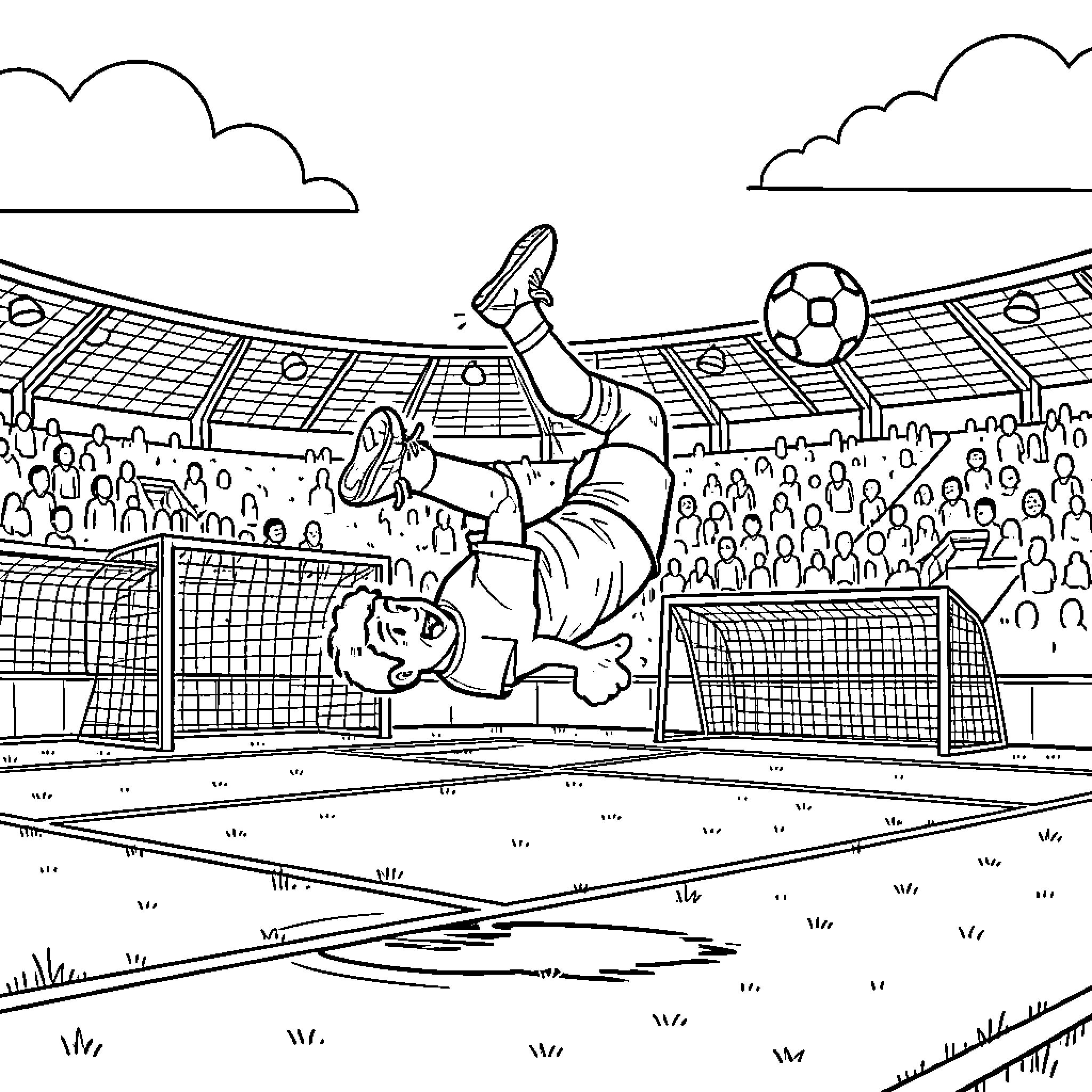 Olivier Atton performing a bicycle kick in a stadium Coloring Page (free black-and-white line drawing printable PDF for all, from beginners to advanced learners, including children, teens, adults, and seniors)