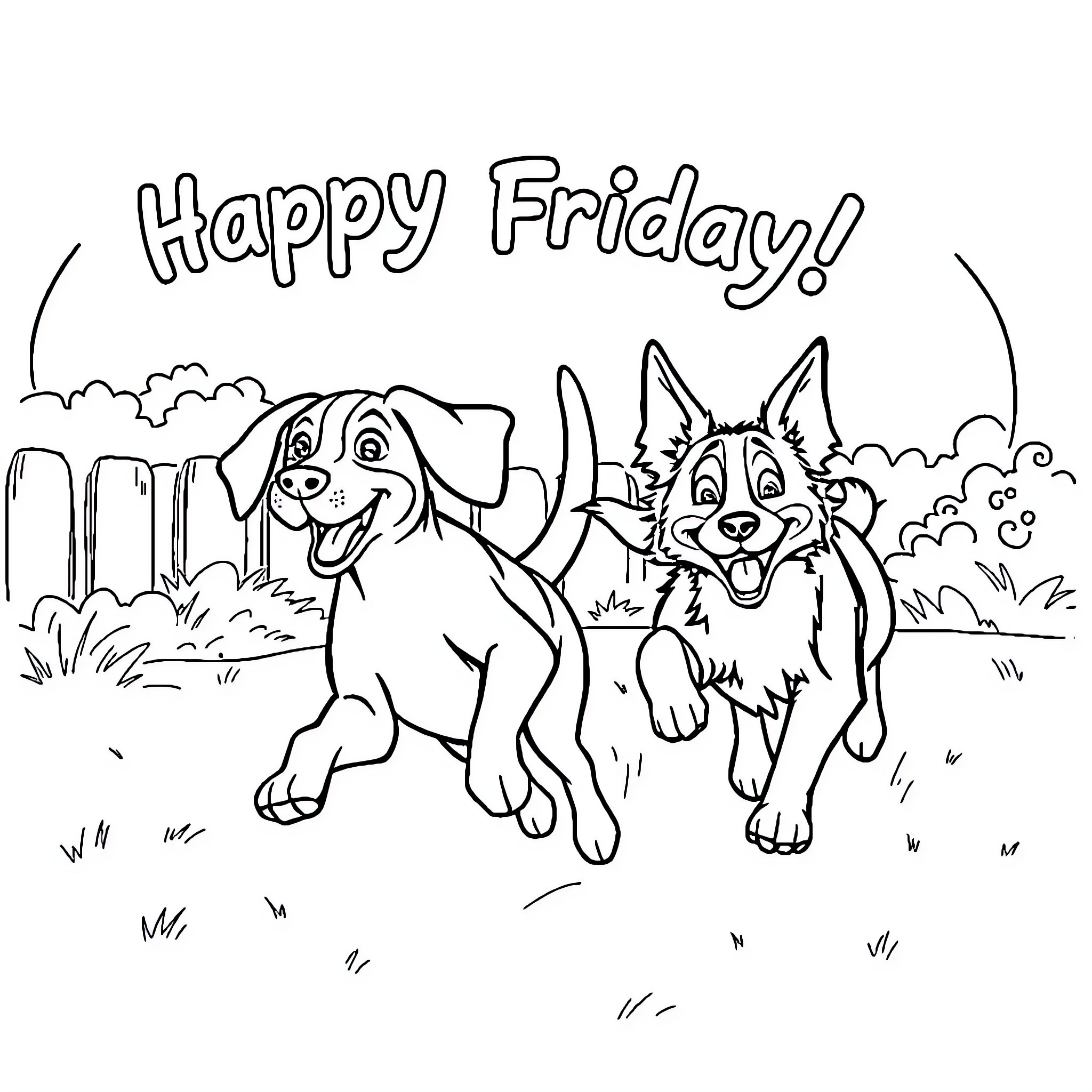 Dog friends enjoying a Happy Friday outdoors Coloring Page (free black-and-white line drawing printable PDF for all, from beginners to advanced learners, including children, teens, adults, and seniors)