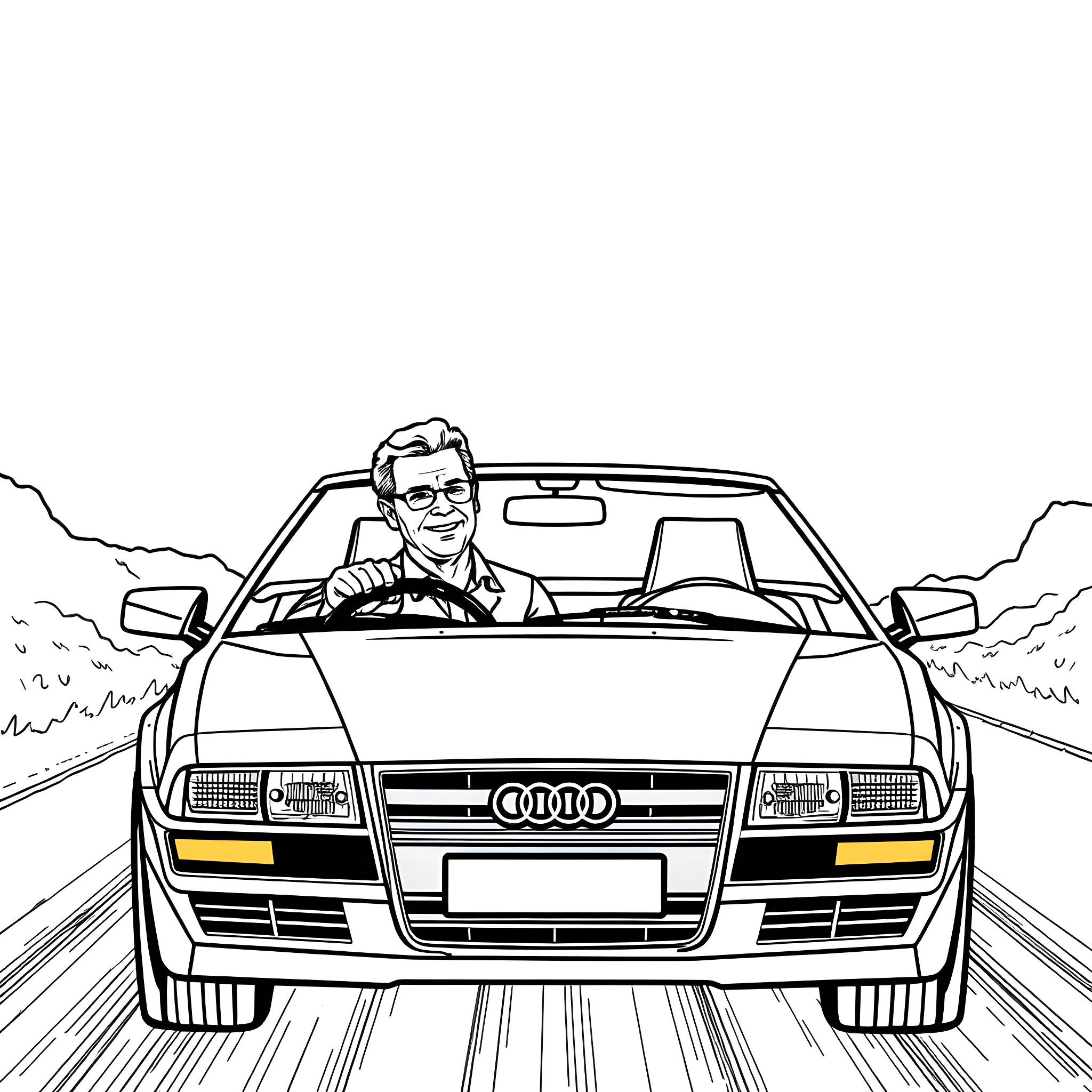 Audi driver enjoying the open road Coloring Page (free black-and-white line drawing printable PDF for all, from beginners to advanced learners, including children, teens, adults, and seniors)