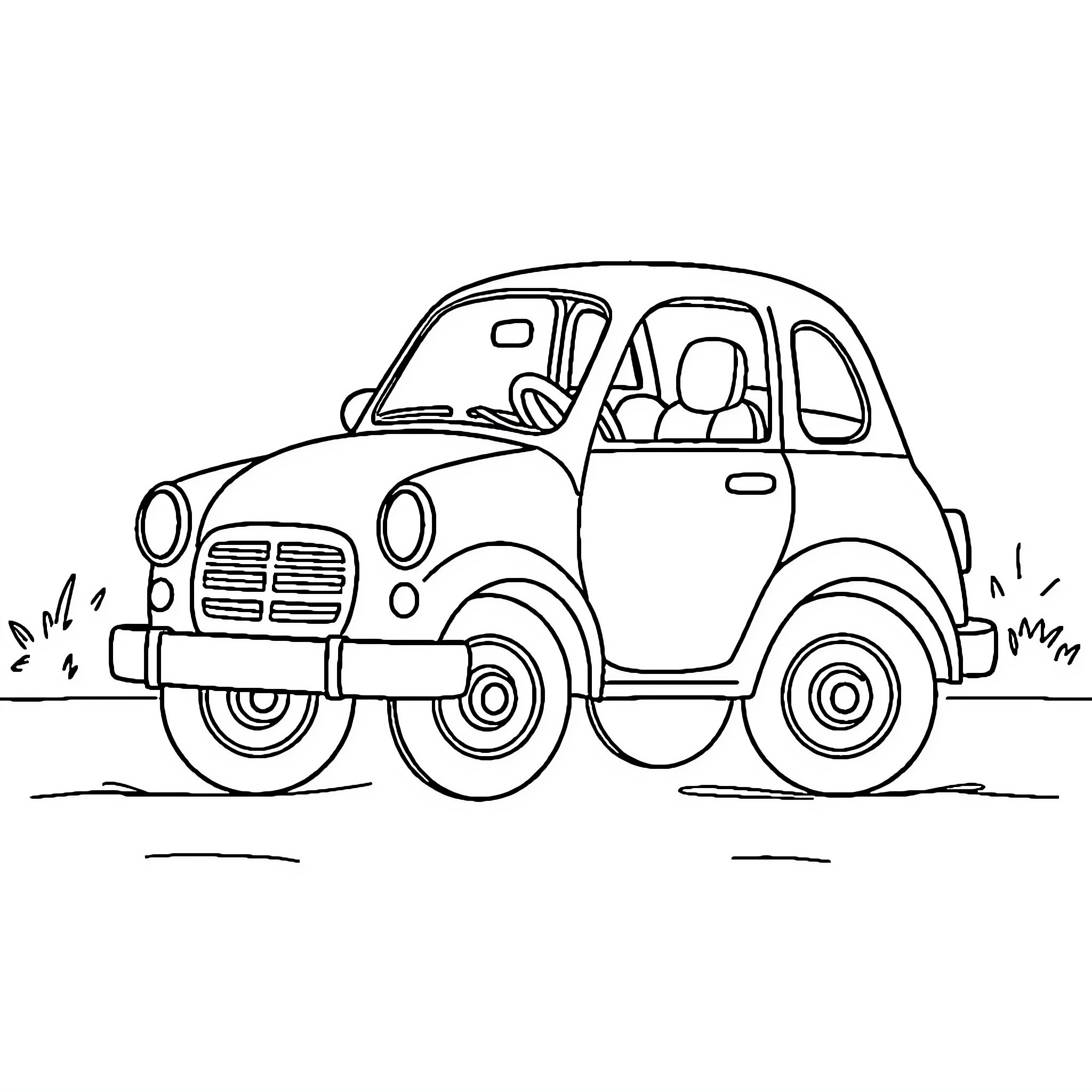 Car driving on a road Coloring Page (free black-and-white line drawing printable PDF for all, from beginners to advanced learners, including children, teens, adults, and seniors)