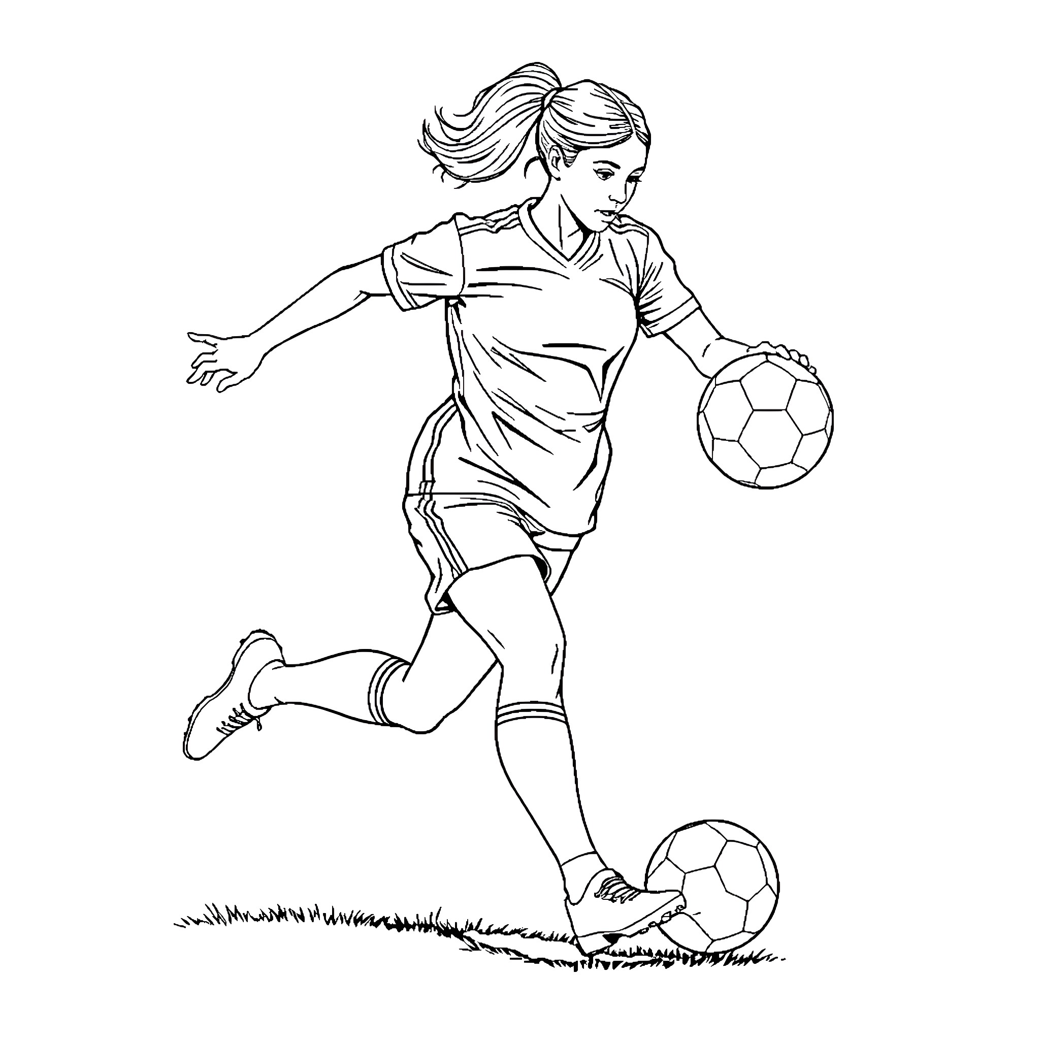 Soccer Player Running with Ball on Field Coloring Page (free black-and-white line drawing printable PDF for all, from beginners to advanced learners, including children, teens, adults, and seniors)