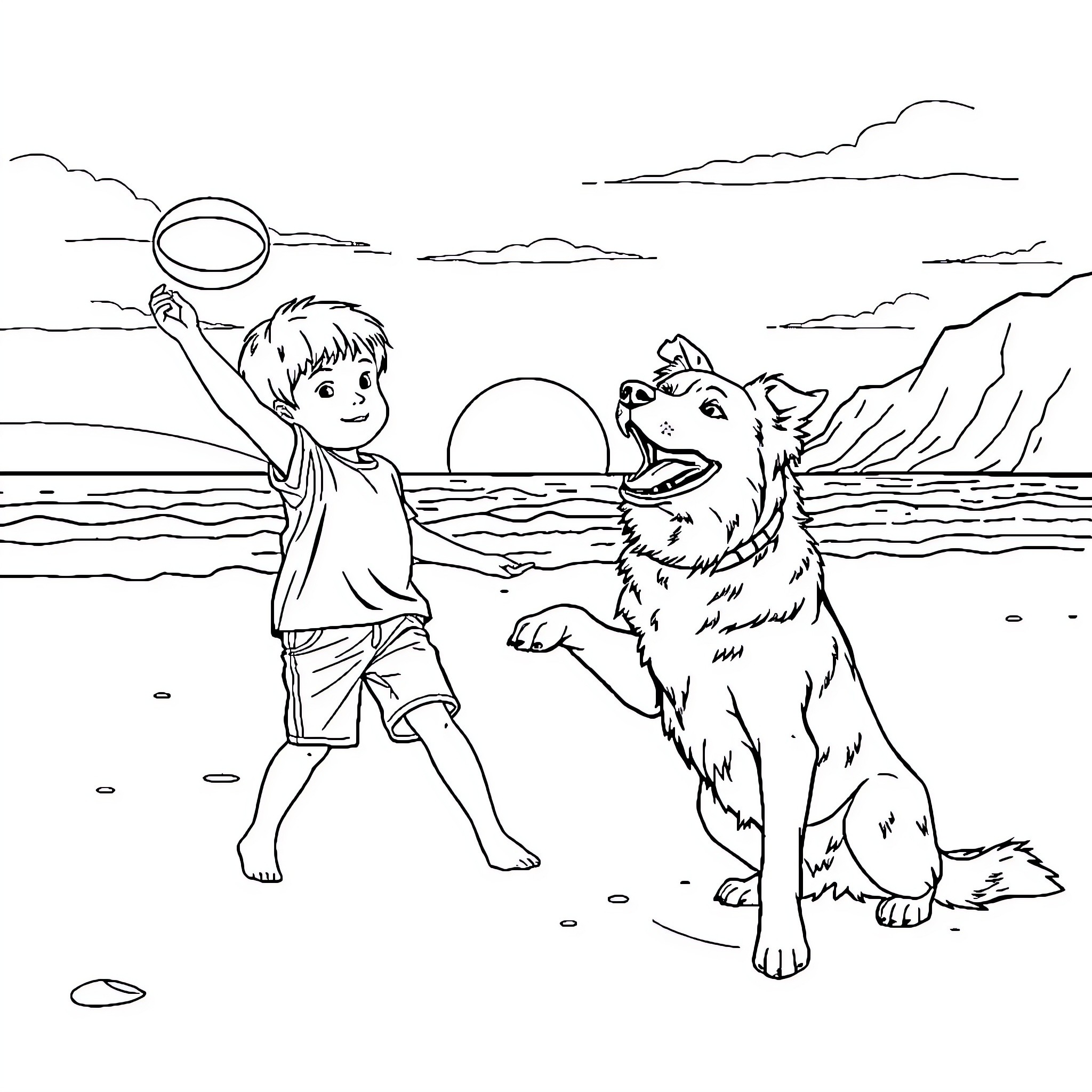 Labrador and child playing with frisbee at the beach Coloring Page (free black-and-white line drawing printable PDF for all, from beginners to advanced learners, including children, teens, adults, and seniors)