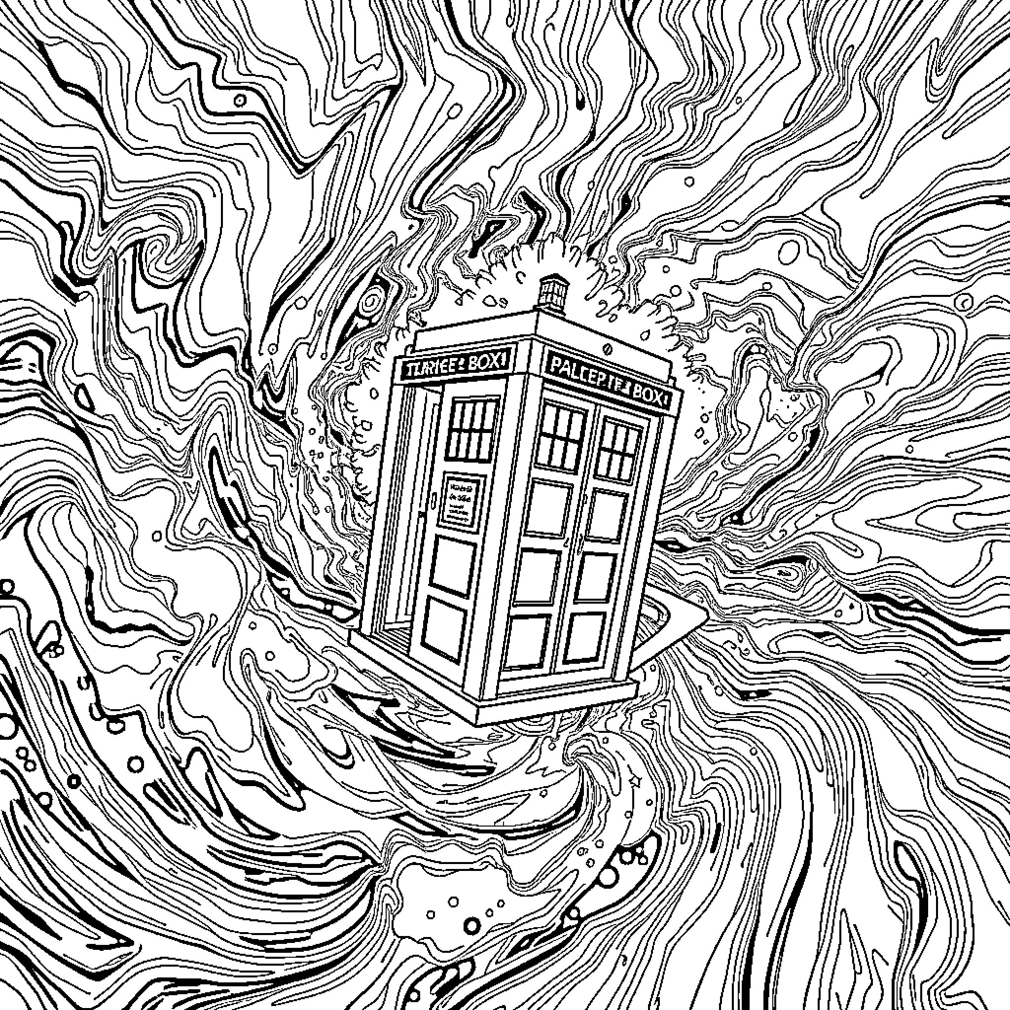 Doctor's Mysterious Time Machine Voyage Coloring Page (free black-and-white line drawing printable PDF for all, from beginners to advanced learners, including children, teens, adults, and seniors)