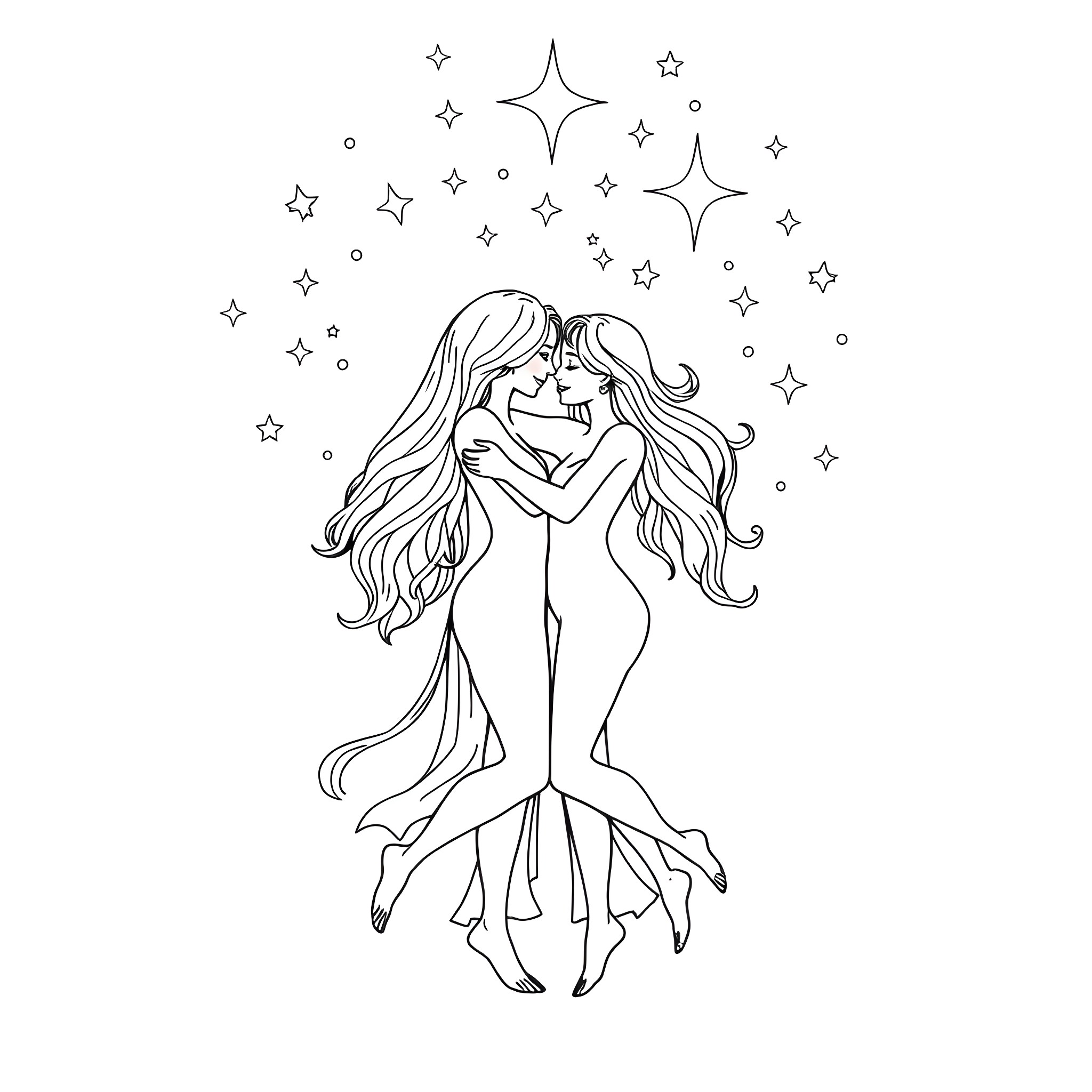 Gemini - Affectionate Embrace Under Starry Sky Coloring Page (free black-and-white line drawing printable PDF for all, from beginners to advanced learners, including children, teens, adults, and seniors)