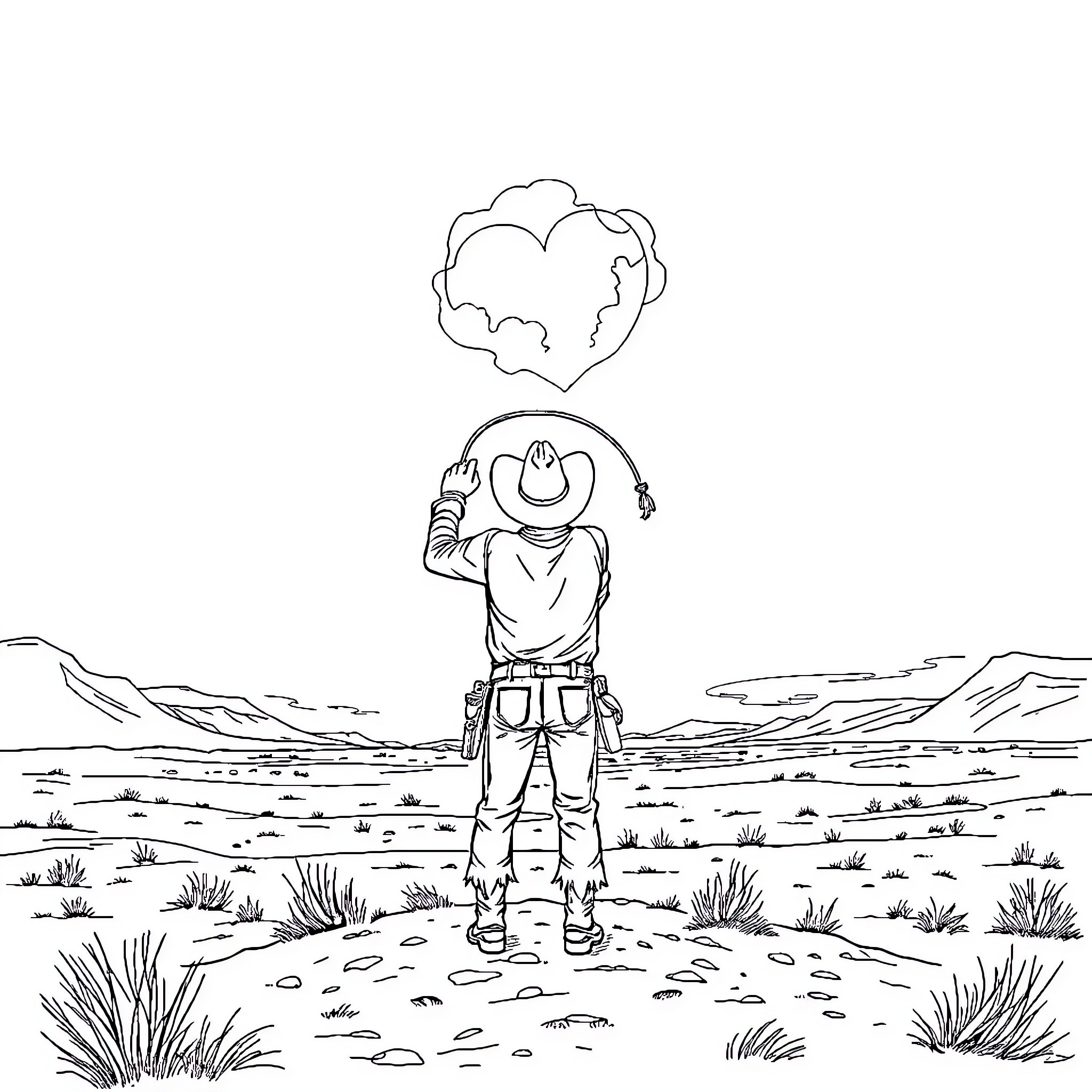 Cowboy daydreaming in the desert landscape Coloring Page (free black-and-white line drawing printable PDF for all, from beginners to advanced learners, including children, teens, adults, and seniors)